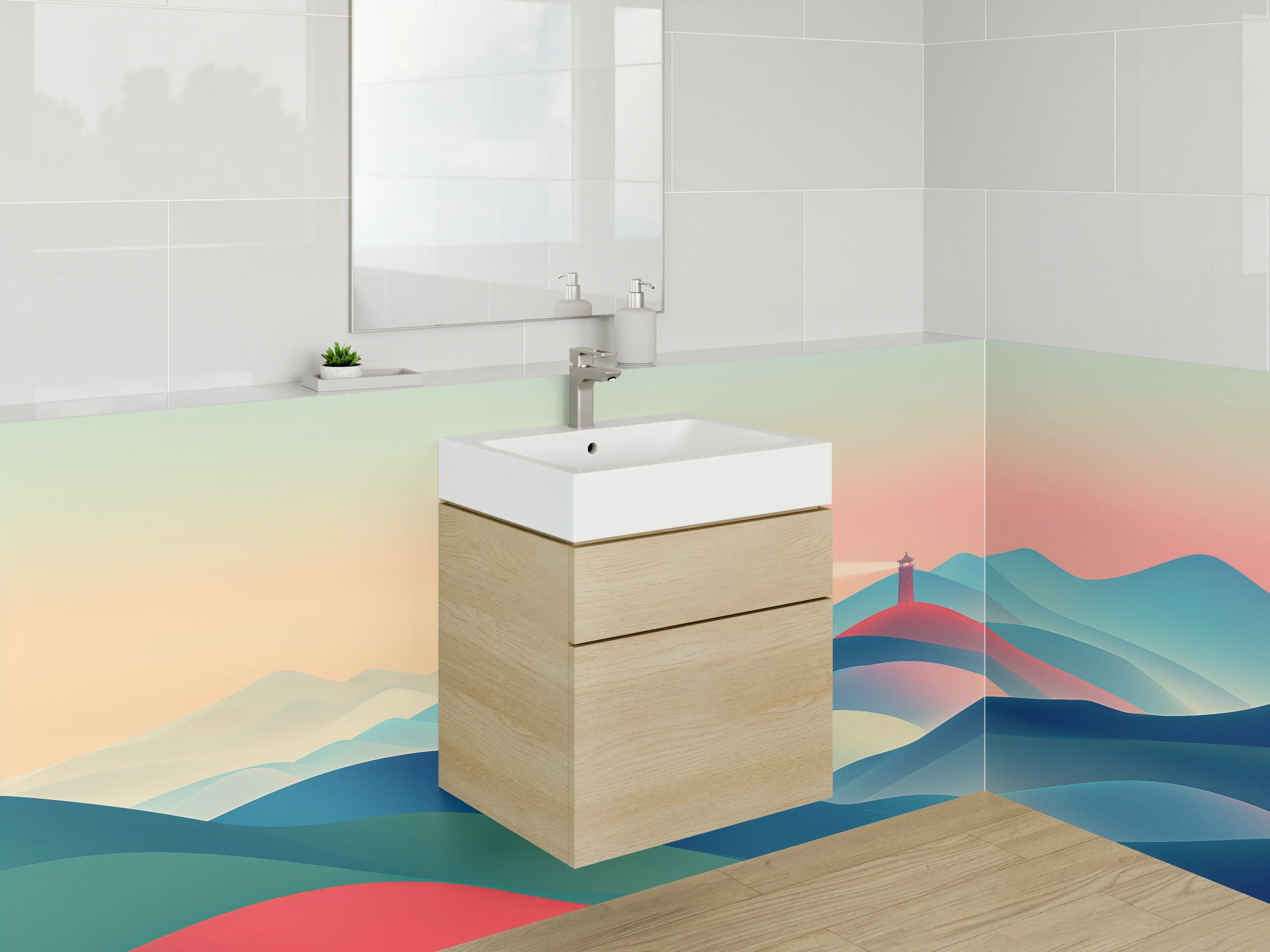 Waschbecken-Rückwand - Farbenfrohes Bergpanorama mit Leuchtturm