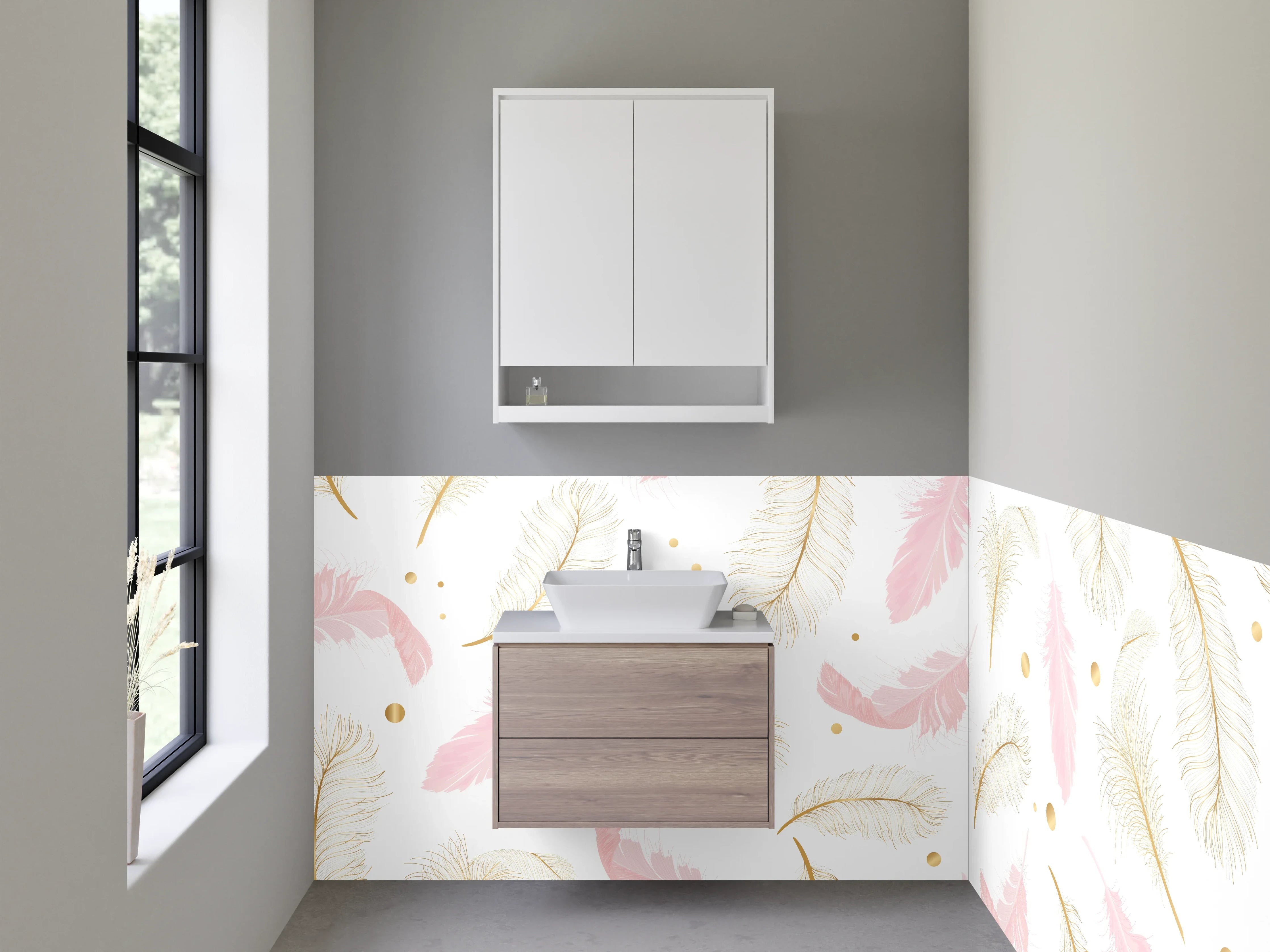 Waschbecken-Rückwand - Feder Aquarell Pastellmuster Gold Rosa