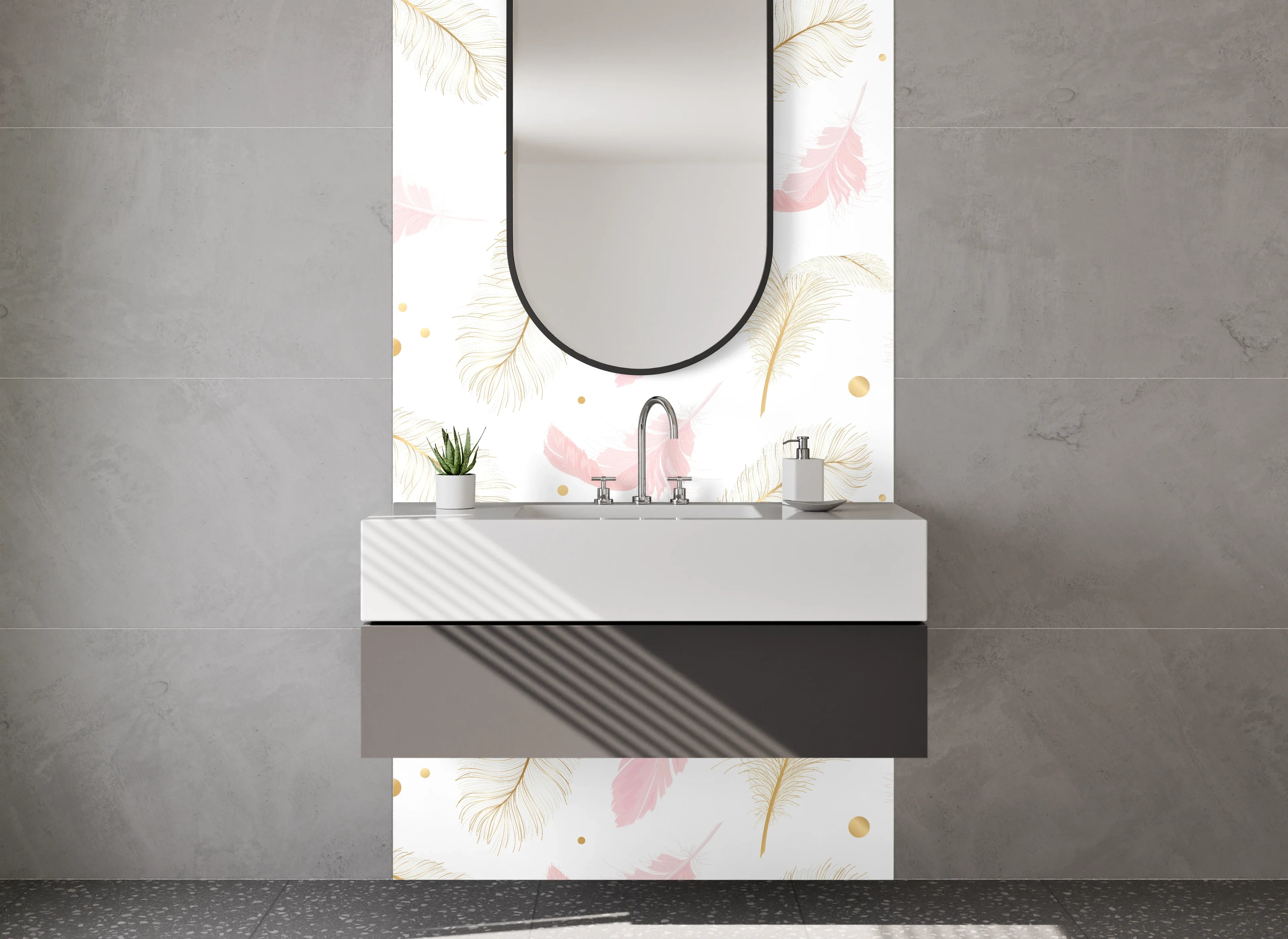 Waschbecken-Rückwand - Feder Aquarell Pastellmuster Gold Rosa
