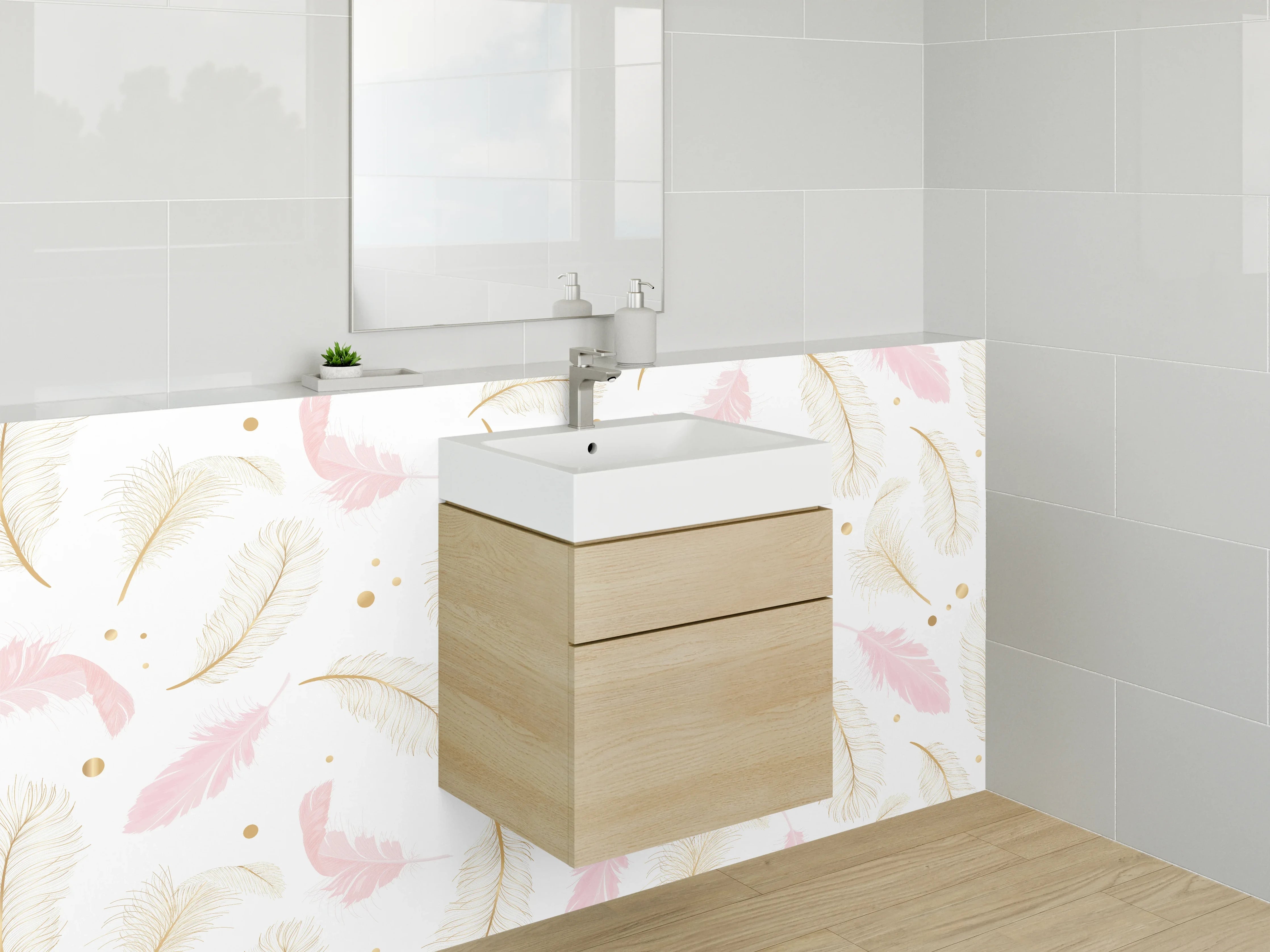 Waschbecken-Rückwand - Feder Aquarell Pastellmuster Gold Rosa