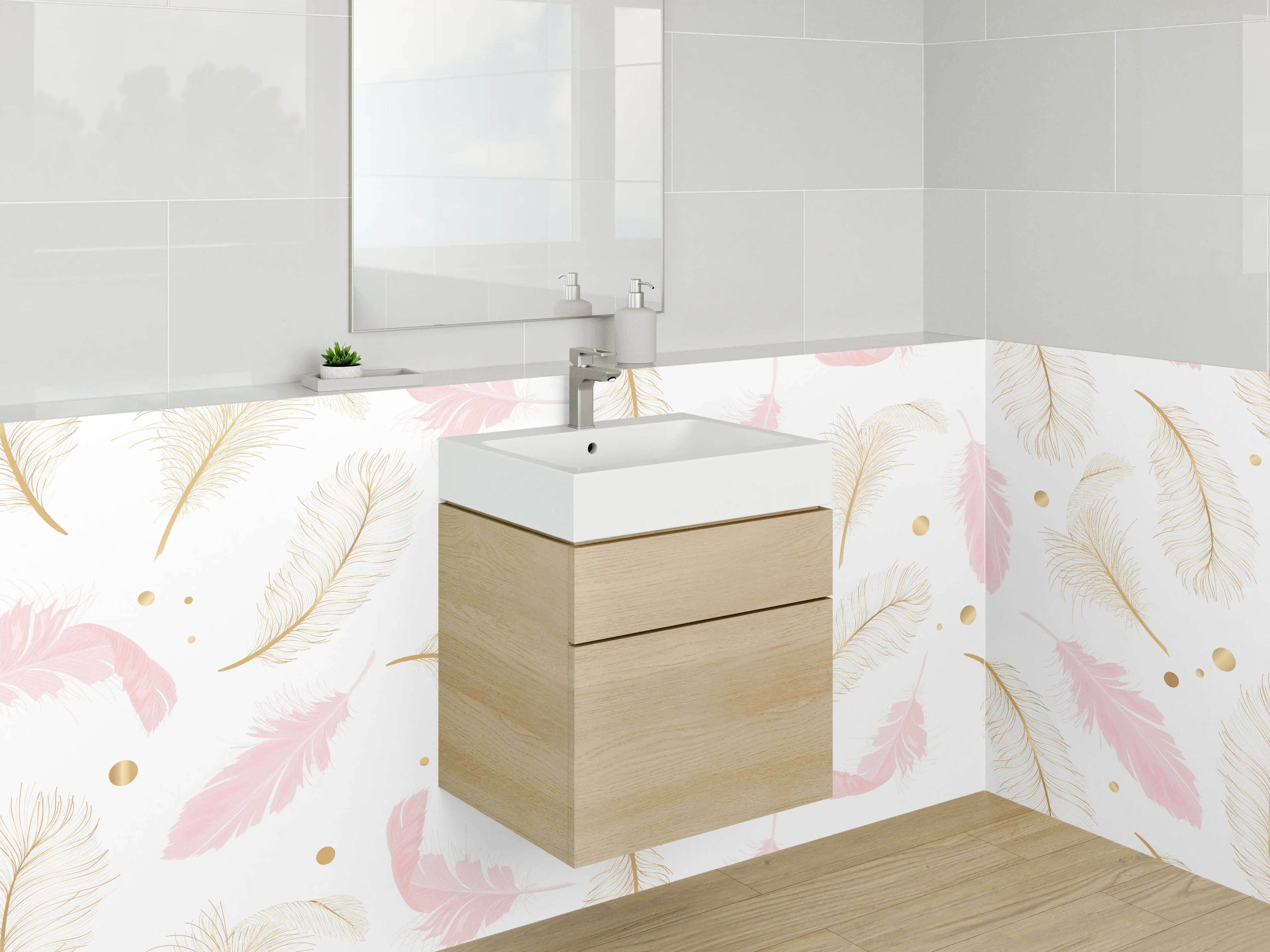 Waschbecken-Rückwand - Feder Aquarell Pastellmuster Gold Rosa