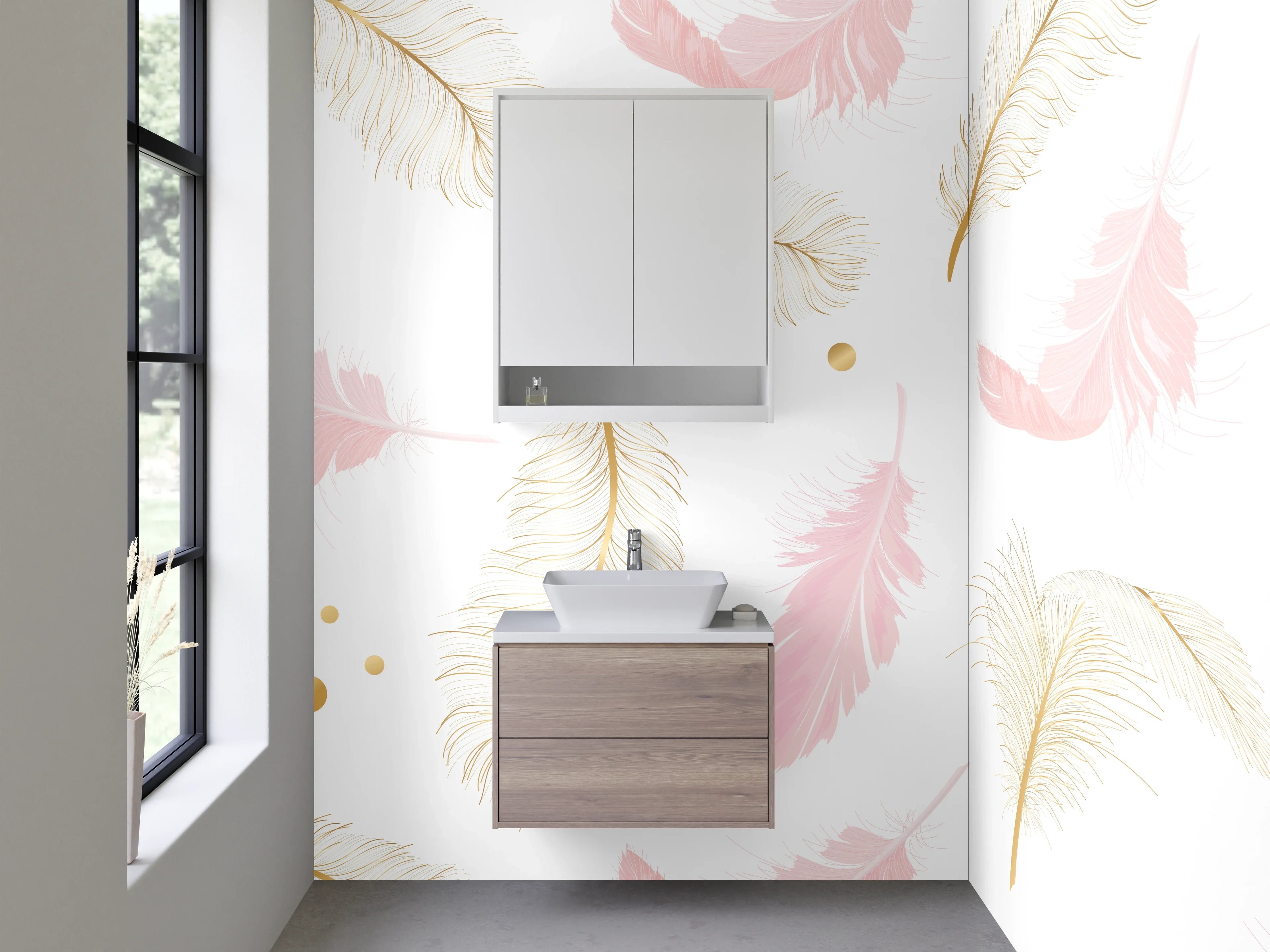Waschbecken-Rückwand - Feder-Muster in Gold und Rosa