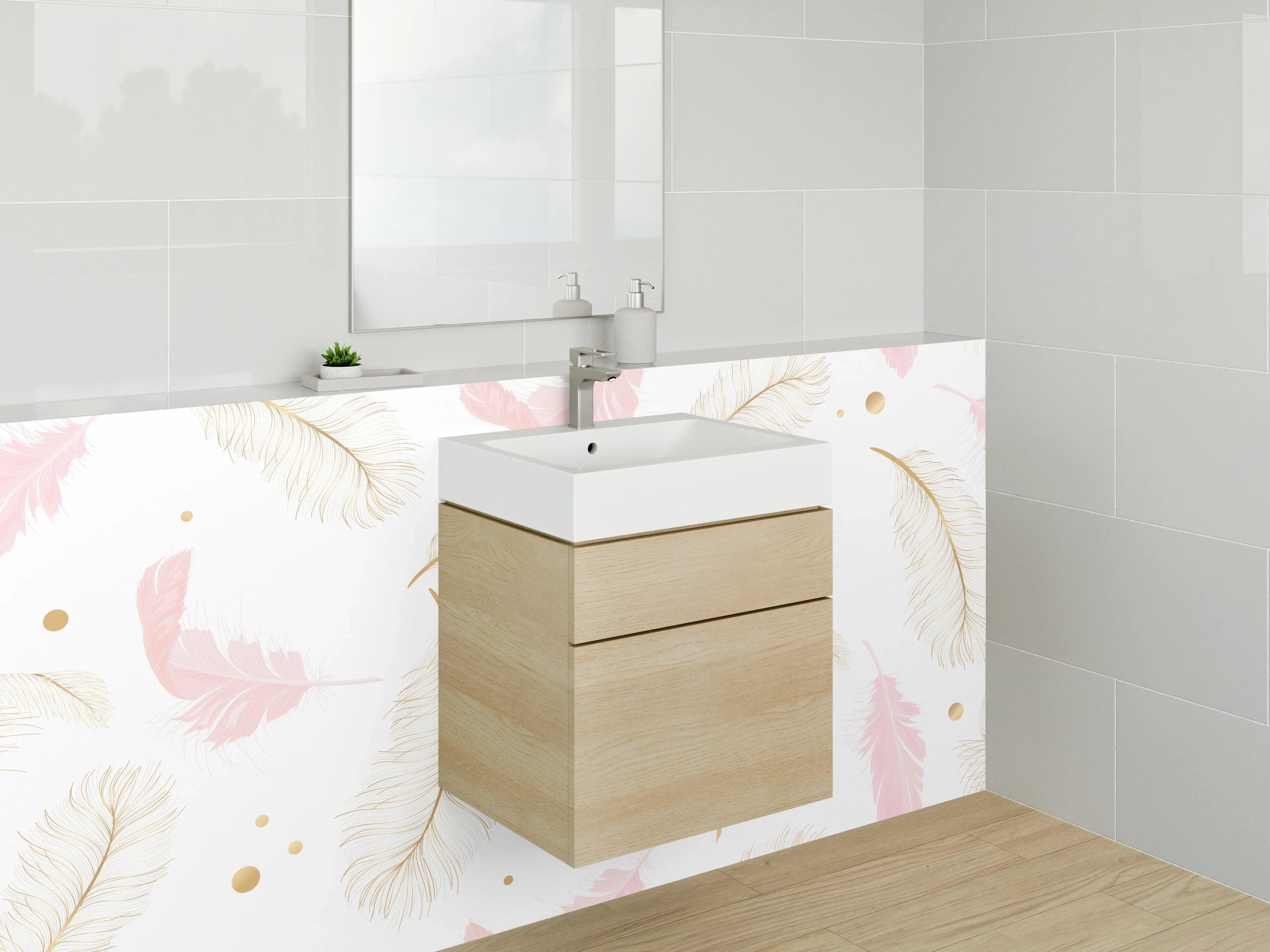 Waschbecken-Rückwand - Feder-Muster in Gold und Rosa
