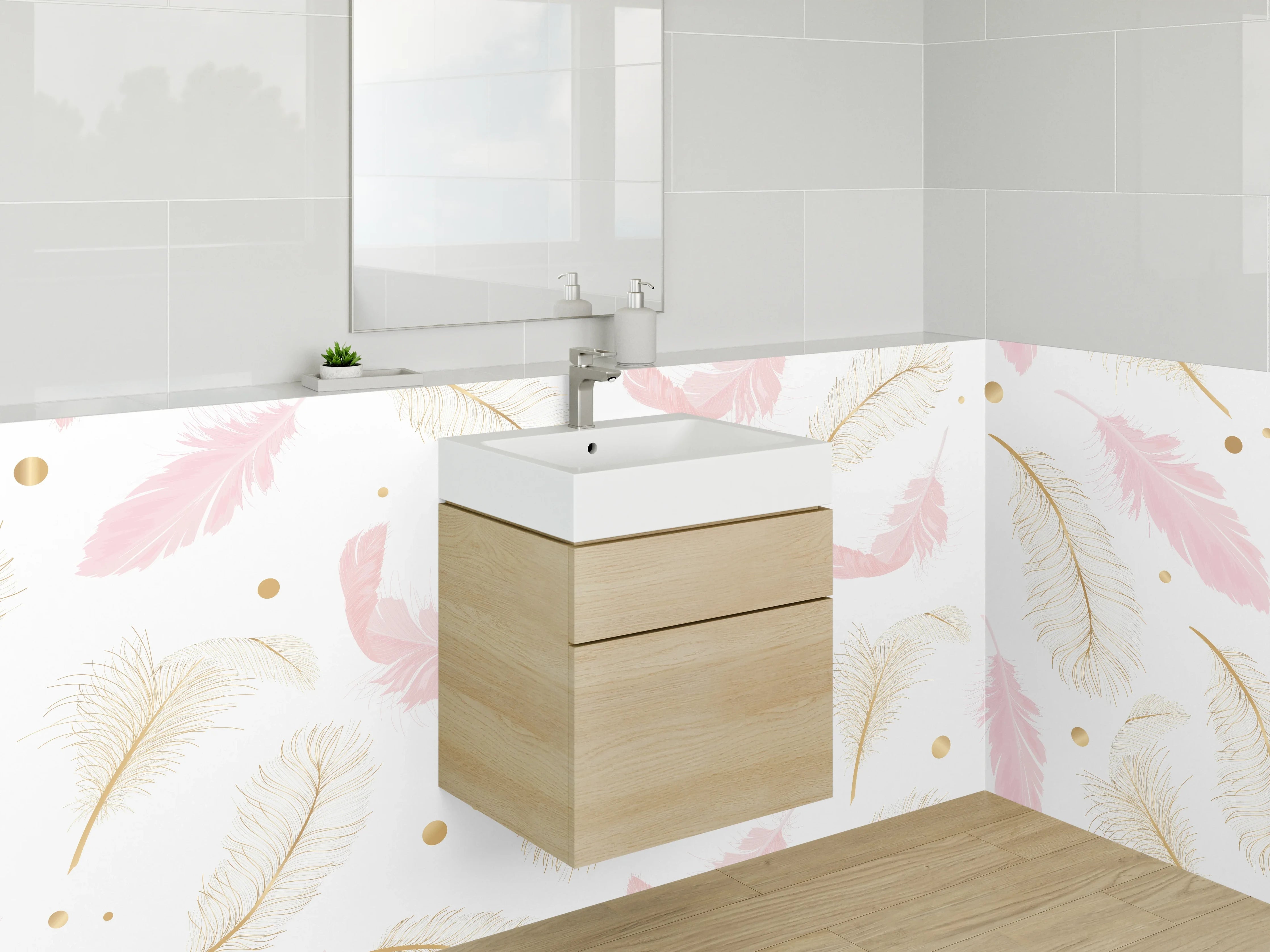 Waschbecken-Rückwand - Feder-Muster in Gold und Rosa