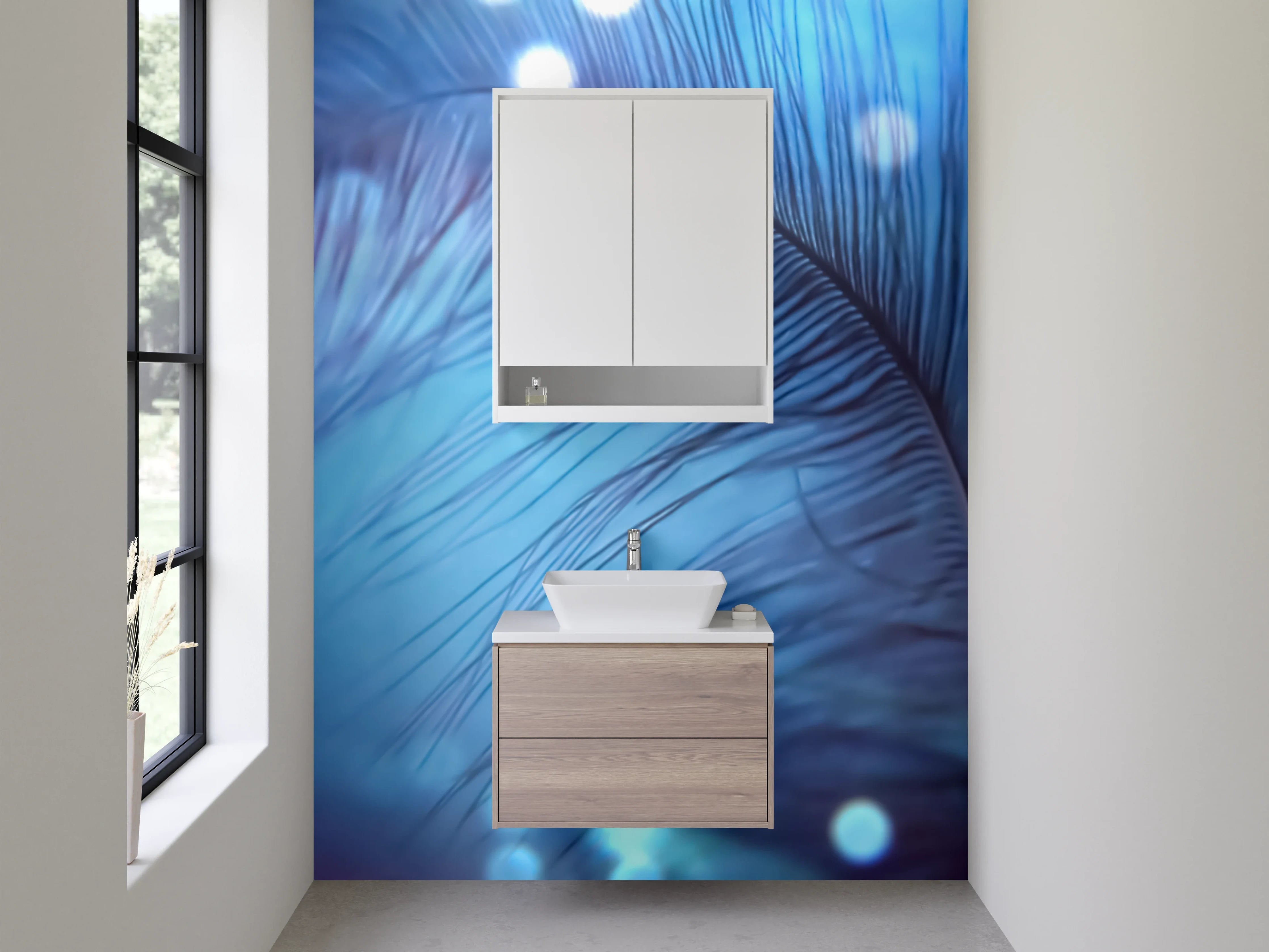 Waschbecken-Rückwand - Feder in Blau – Sanfte Abstraktion