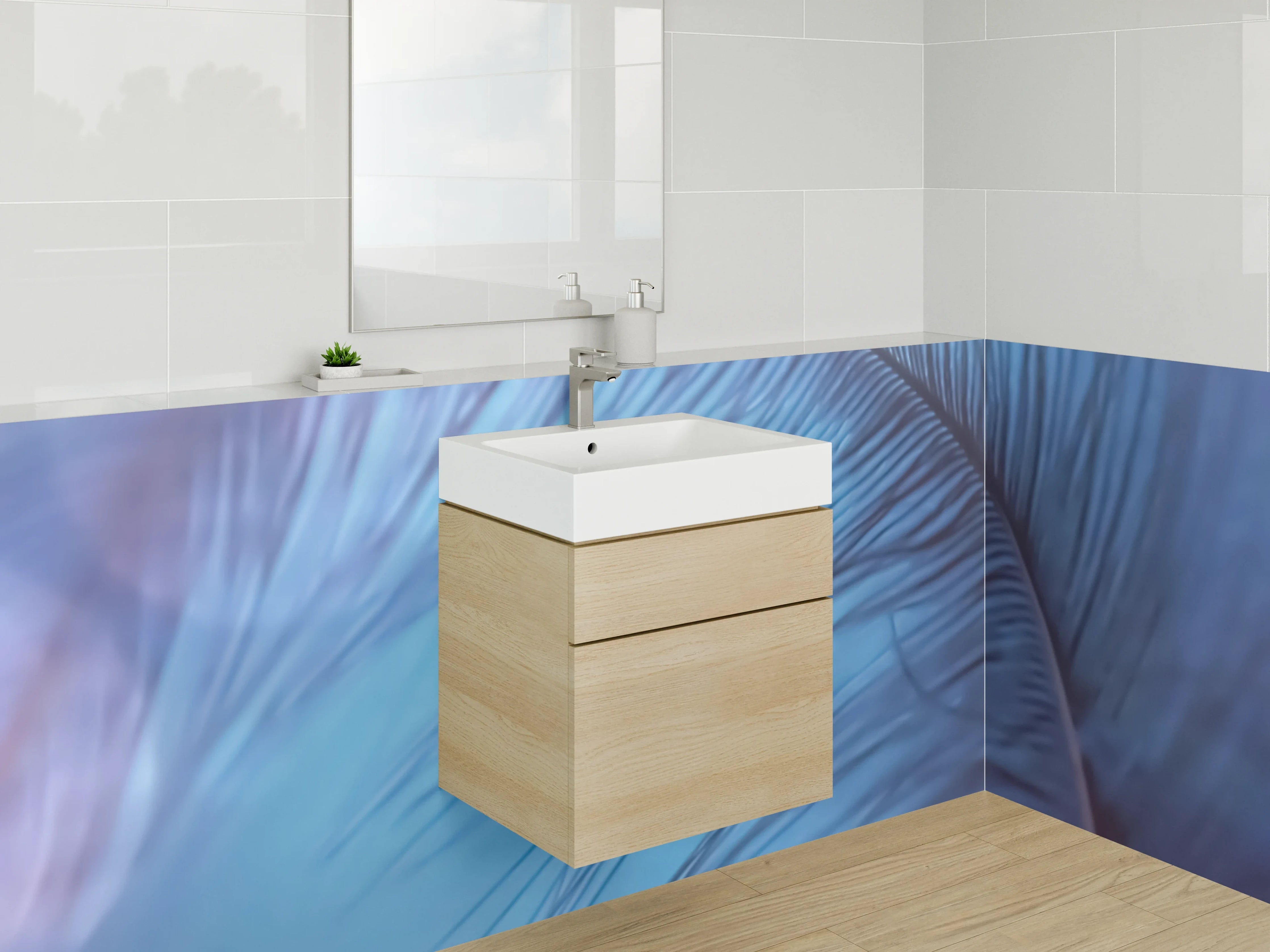 Waschbecken-Rückwand - Feder in Blau – Sanfte Abstraktion