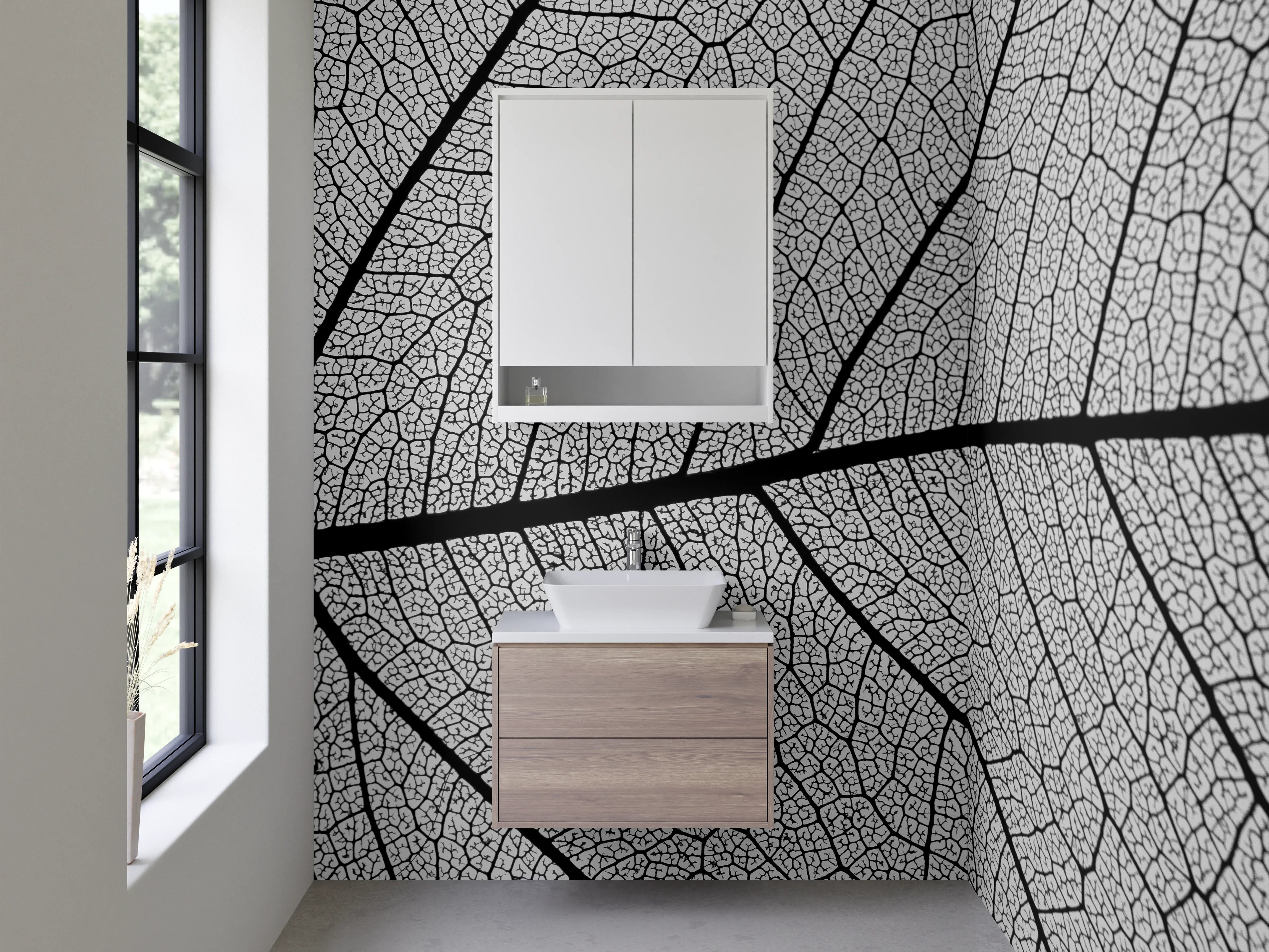 Waschbecken-Rückwand - Feine Blattstruktur in Schwarz-Weiß
