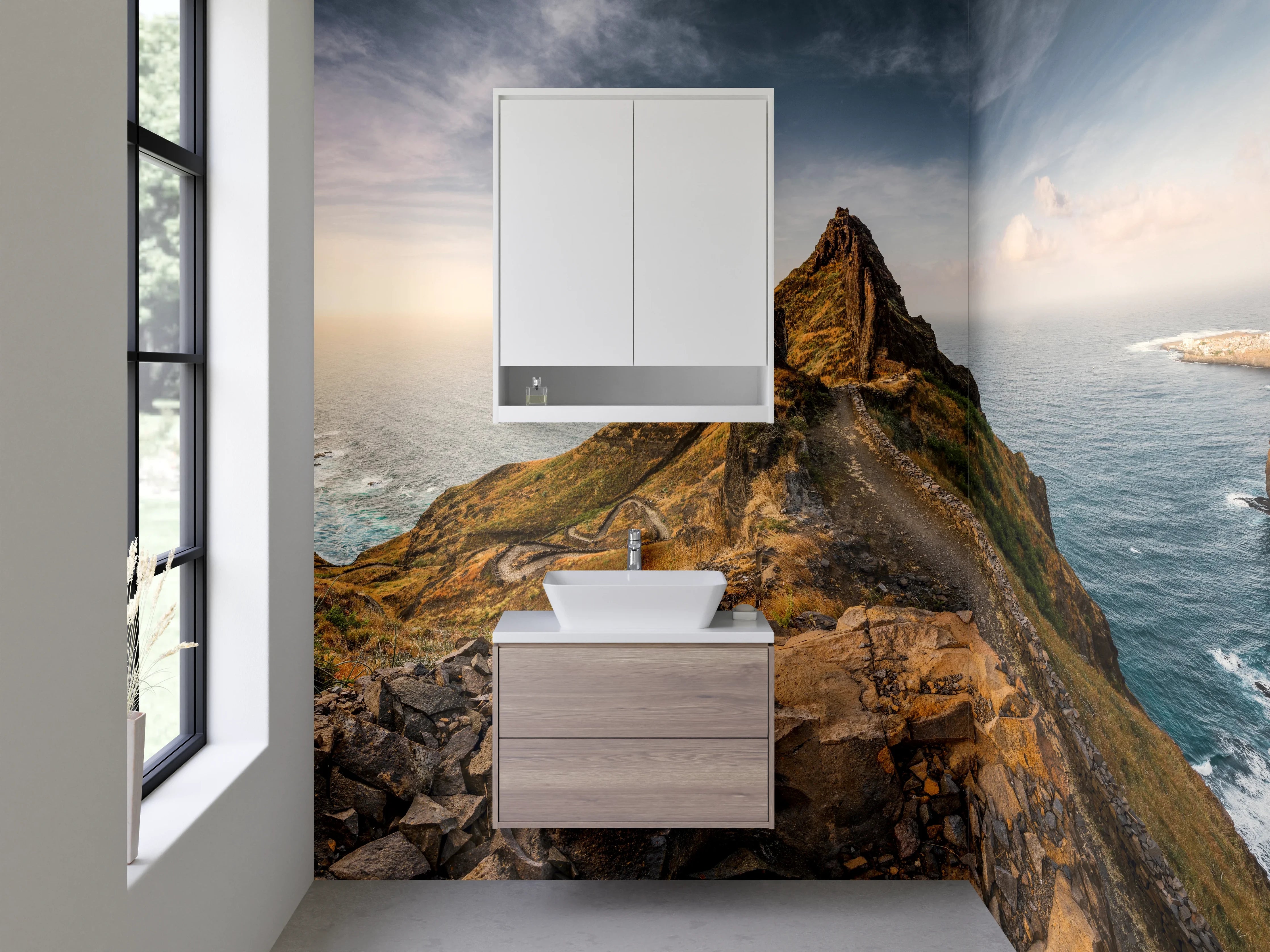 Waschbecken-Rückwand - Felsige Küstenlandschaft bei Sonnenuntergang