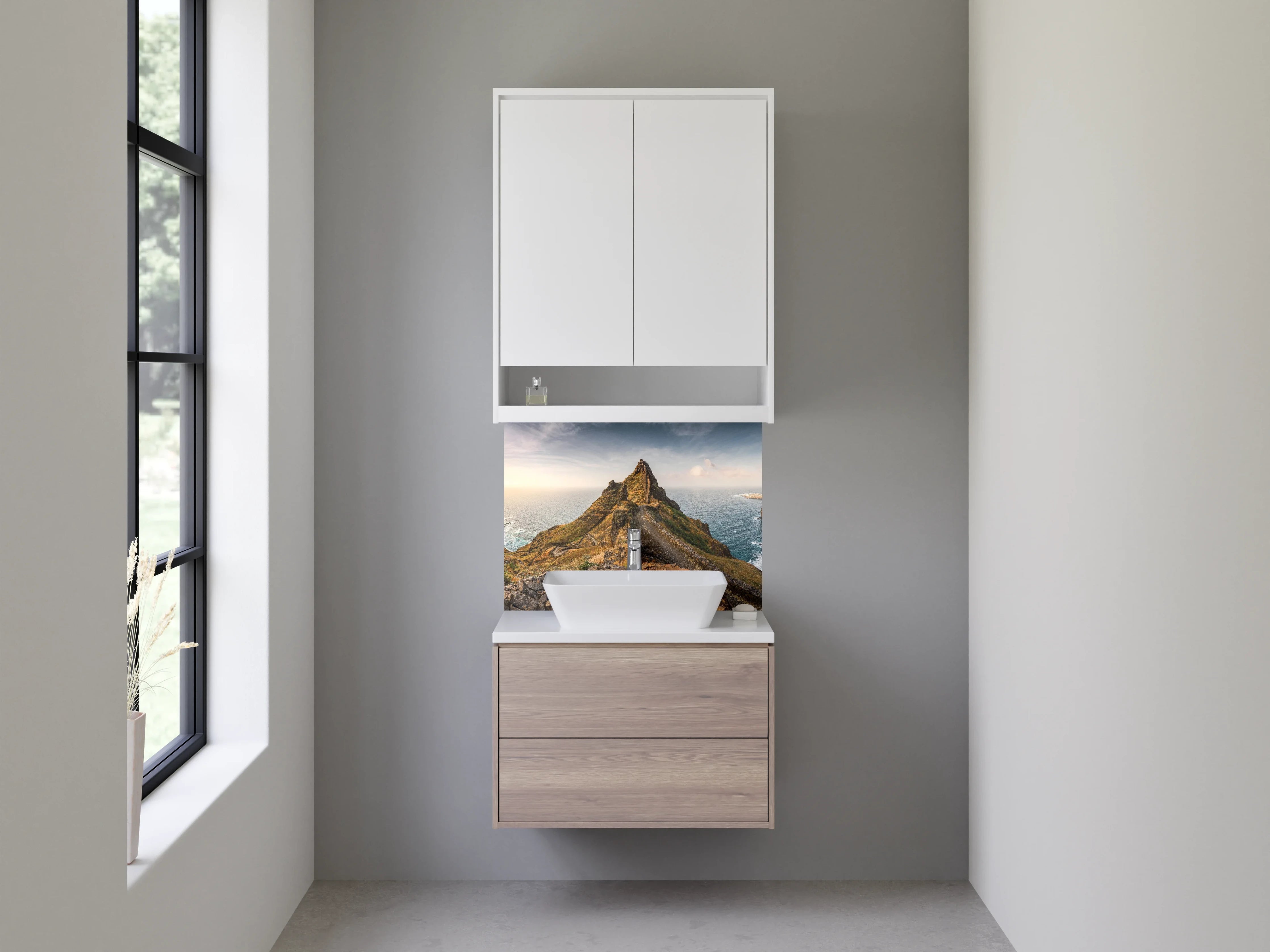 Waschbecken-Rückwand - Felsige Küstenlandschaft bei Sonnenuntergang