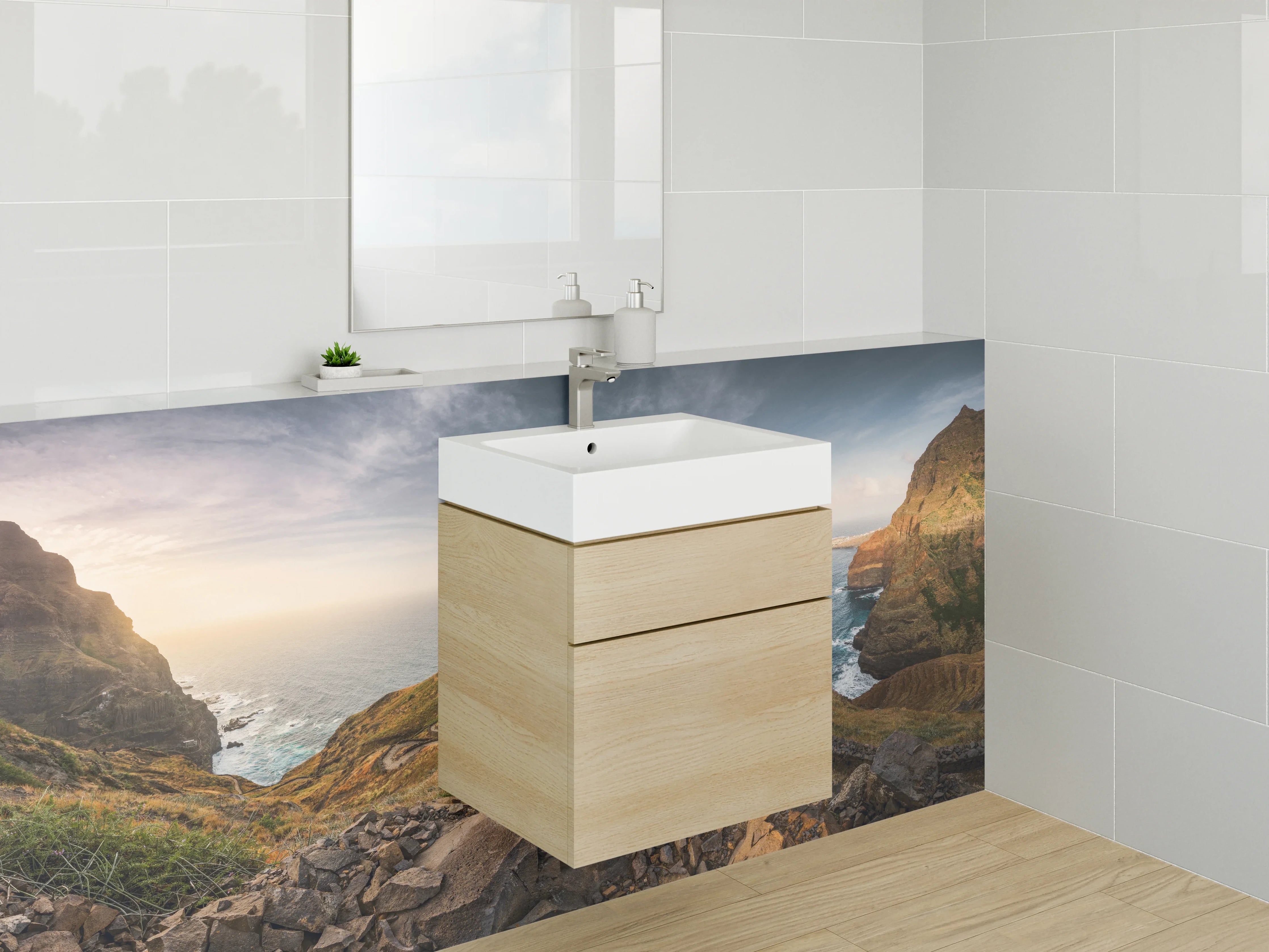 Waschbecken-Rückwand - Felsige Küstenlandschaft bei Sonnenuntergang