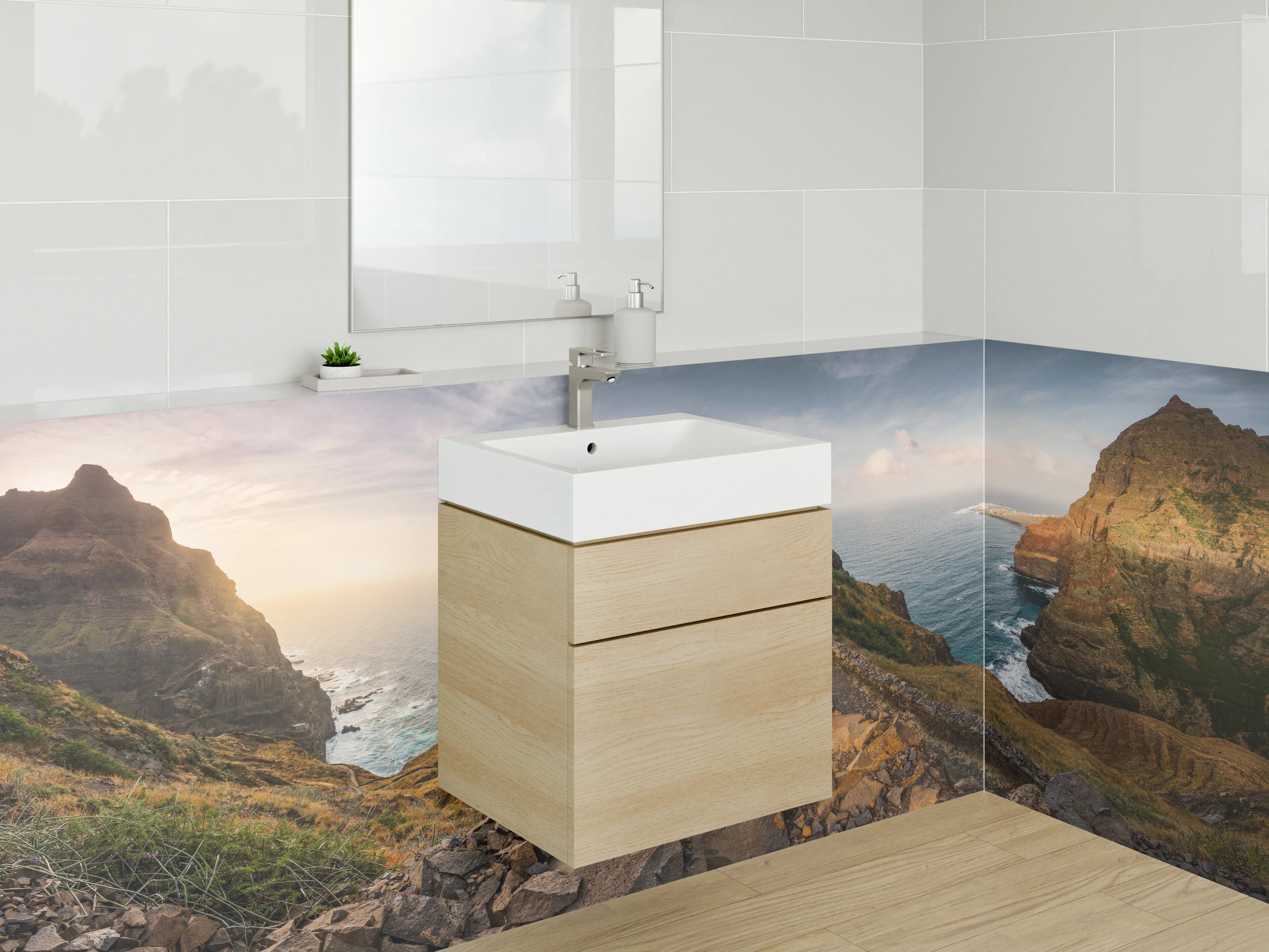 Waschbecken-Rückwand - Felsige Küstenlandschaft bei Sonnenuntergang