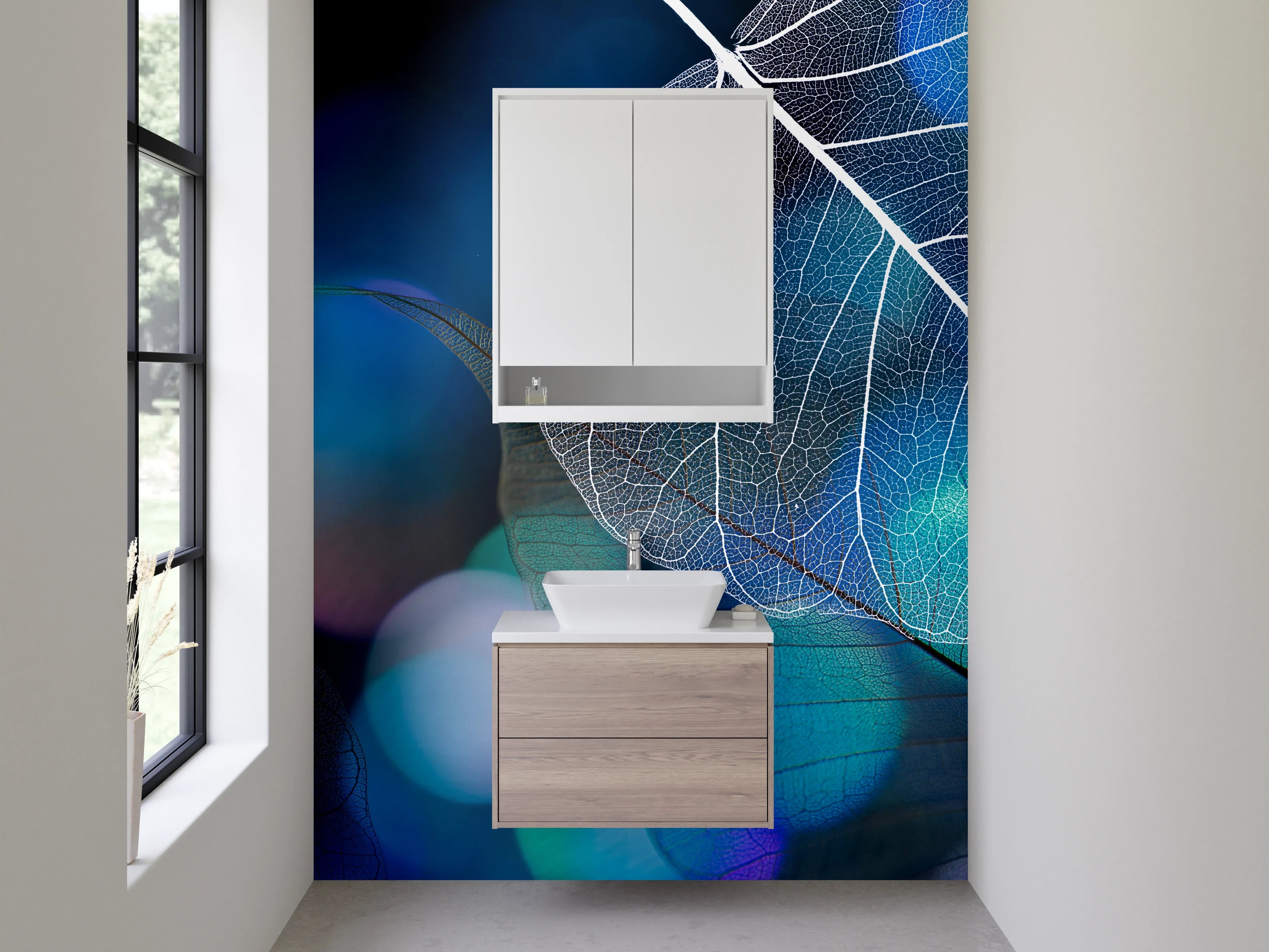 Waschbecken-Rückwand - Filigrane Blätter auf Blau Schwarz