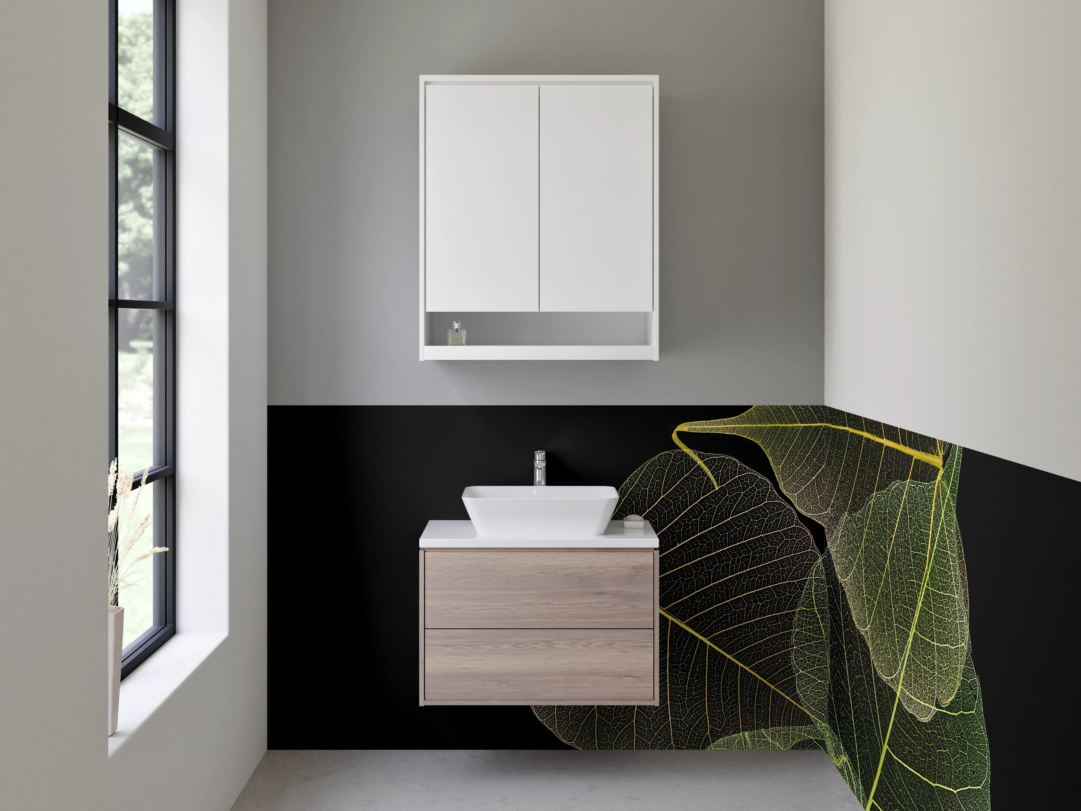 Waschbecken-Rückwand - Filigrane Blätter auf Schwarz – Design