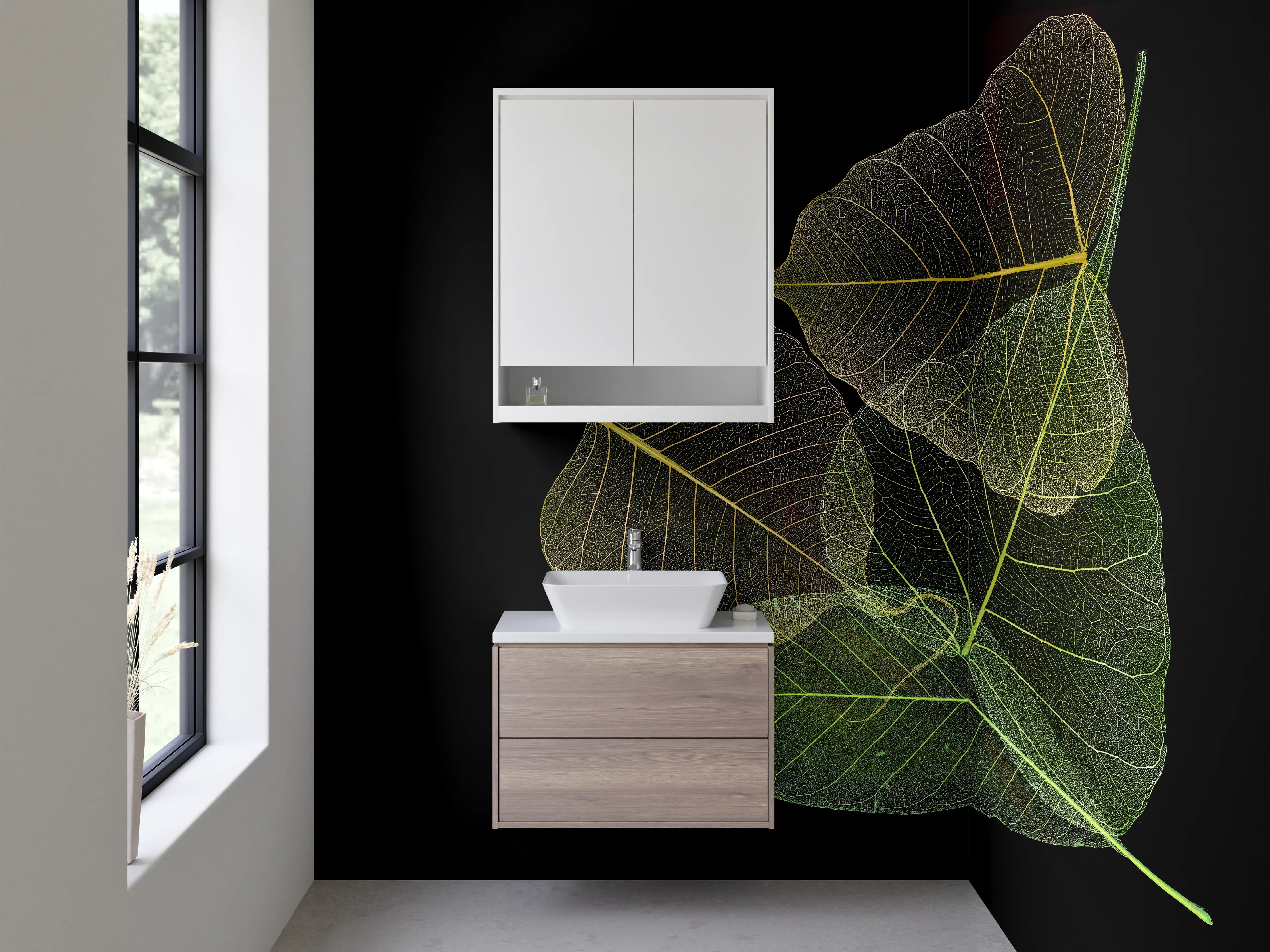 Waschbecken-Rückwand - Filigrane Blätter auf Schwarz – Design