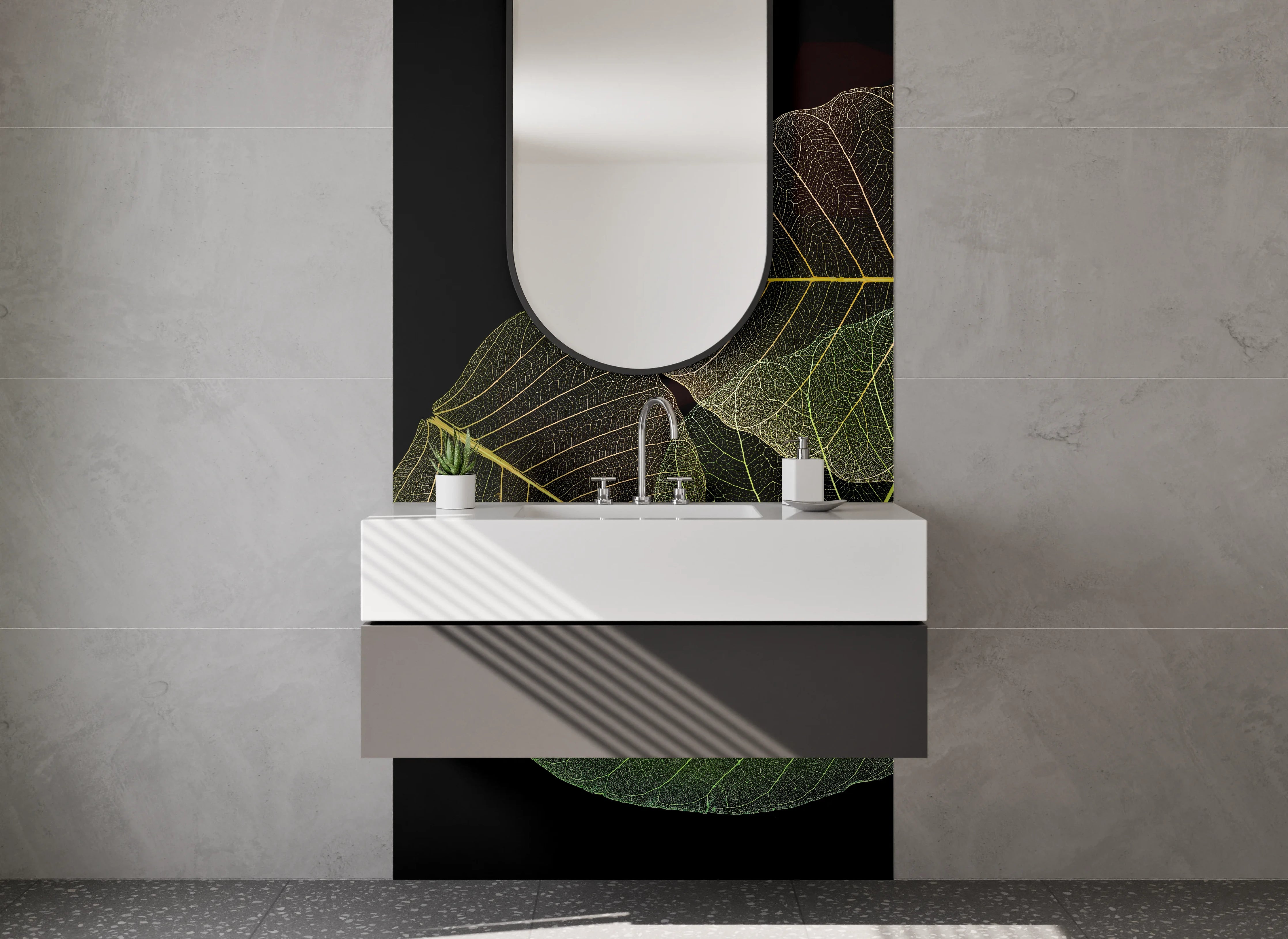 Waschbecken-Rückwand - Filigrane Blätter auf Schwarz – Design