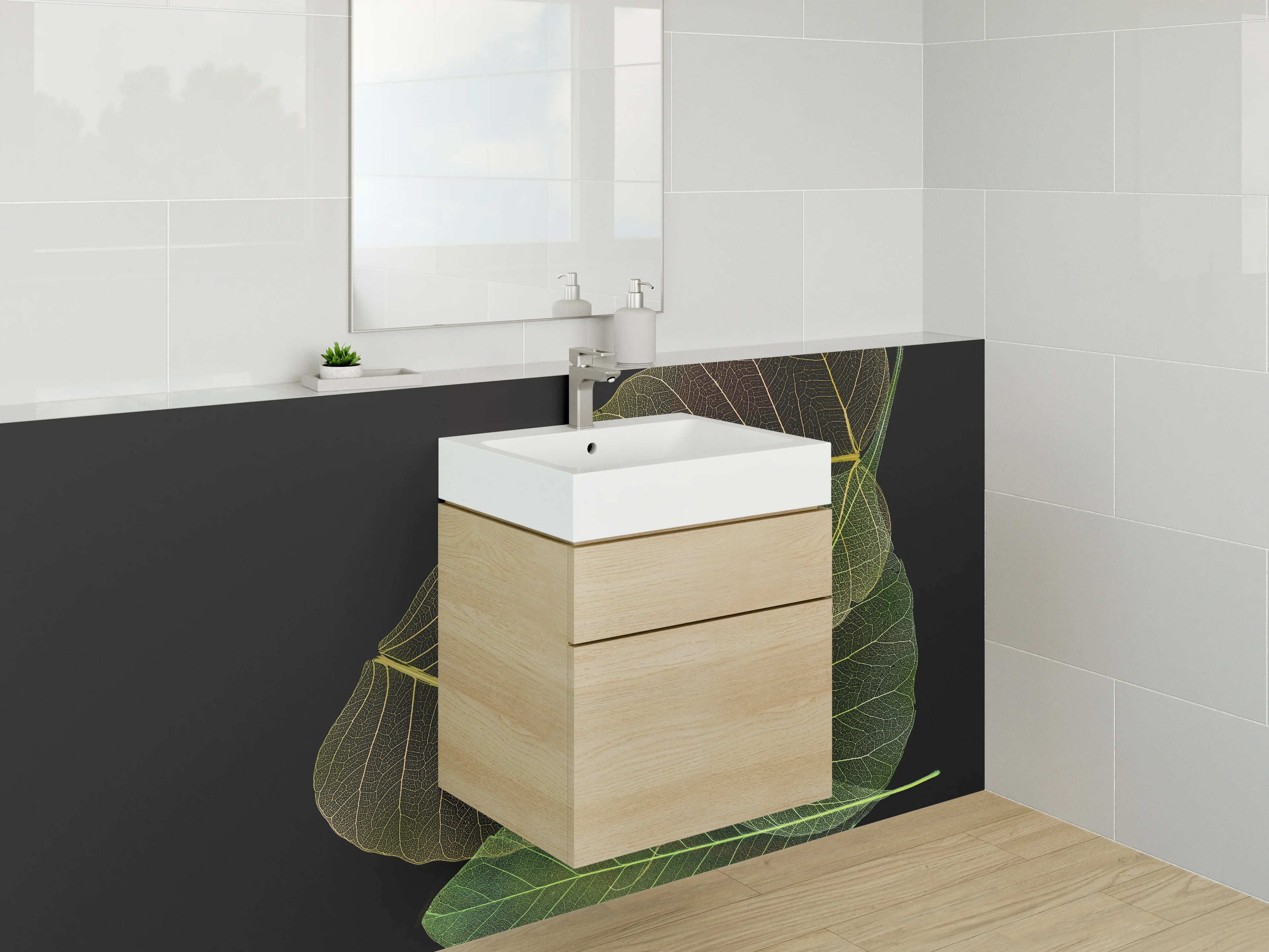 Waschbecken-Rückwand - Filigrane Blätter auf Schwarz – Design