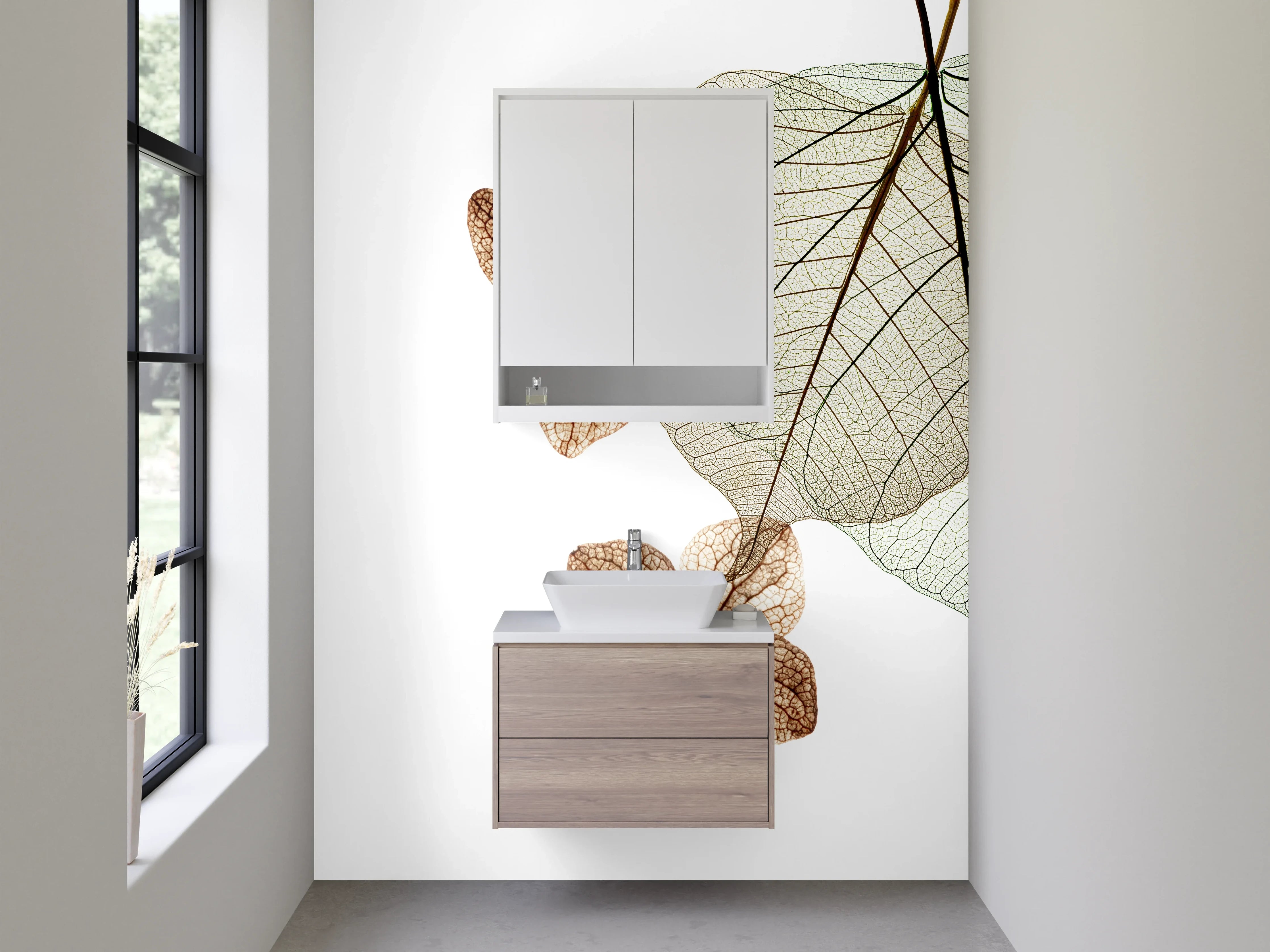 Waschbecken-Rückwand - Filigrane Blätterkunst mit Weiß und Braun