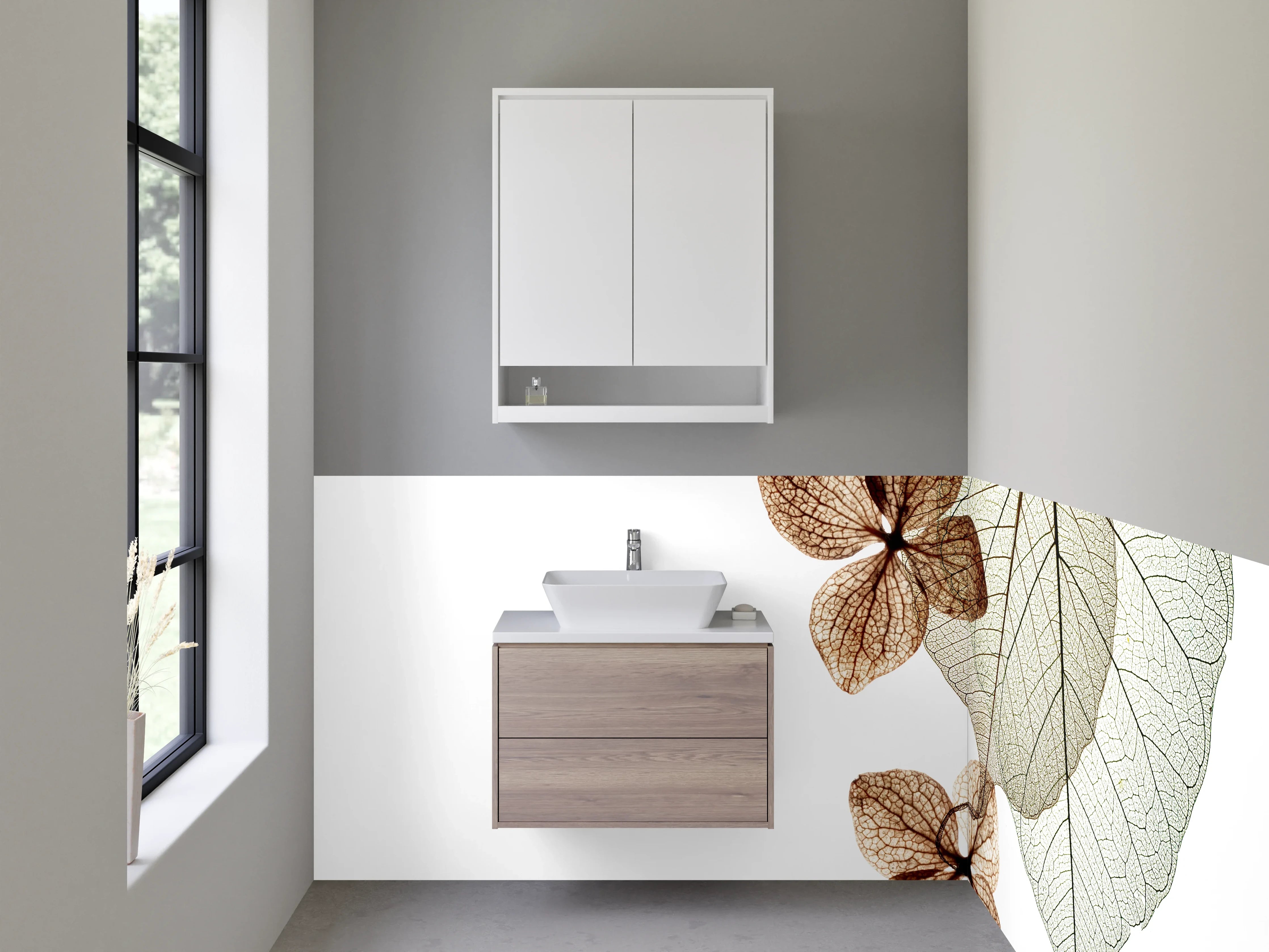 Waschbecken-Rückwand - Filigrane Blätterkunst mit Weiß und Braun