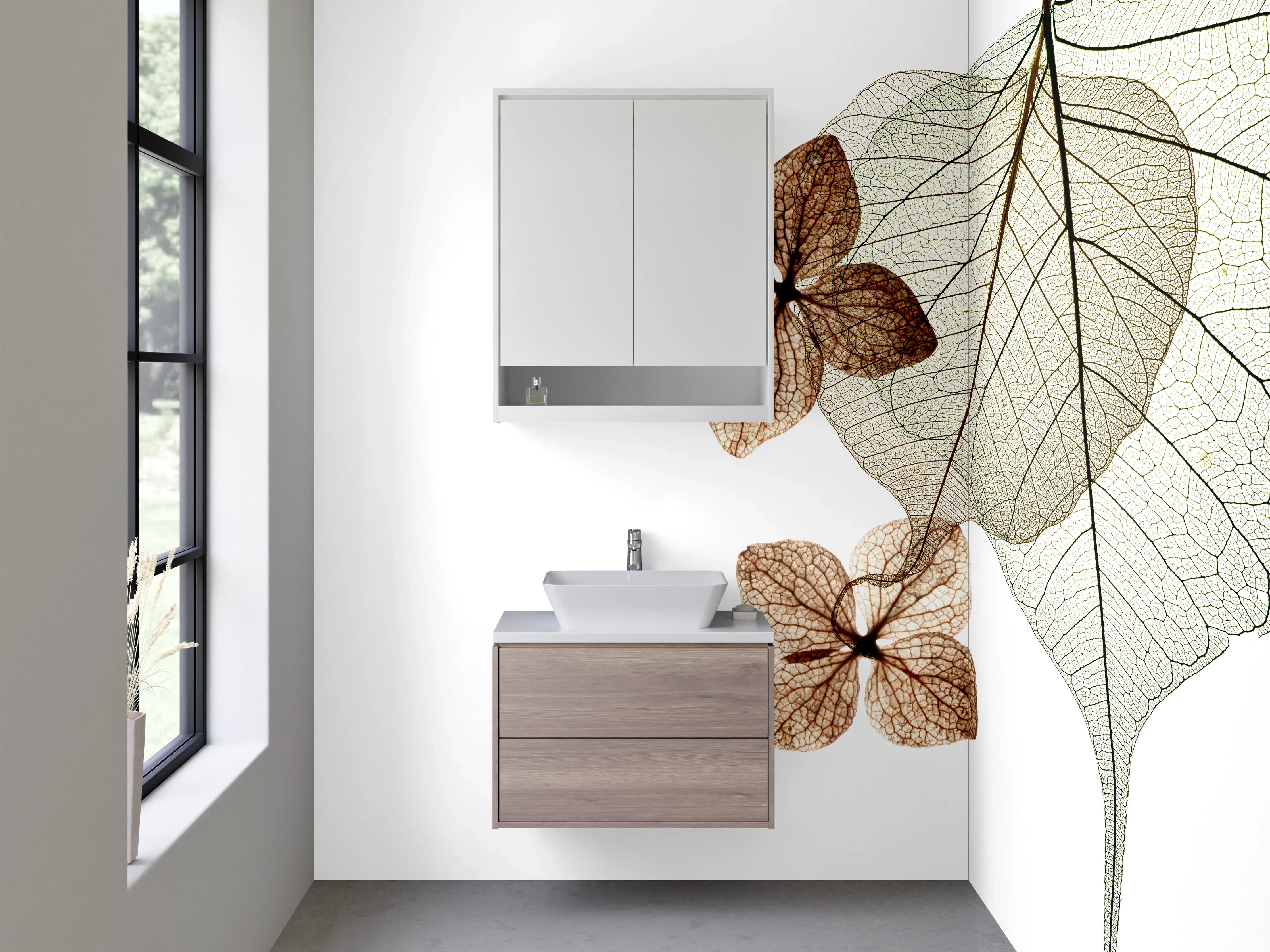 Waschbecken-Rückwand - Filigrane Blätterkunst mit Weiß und Braun