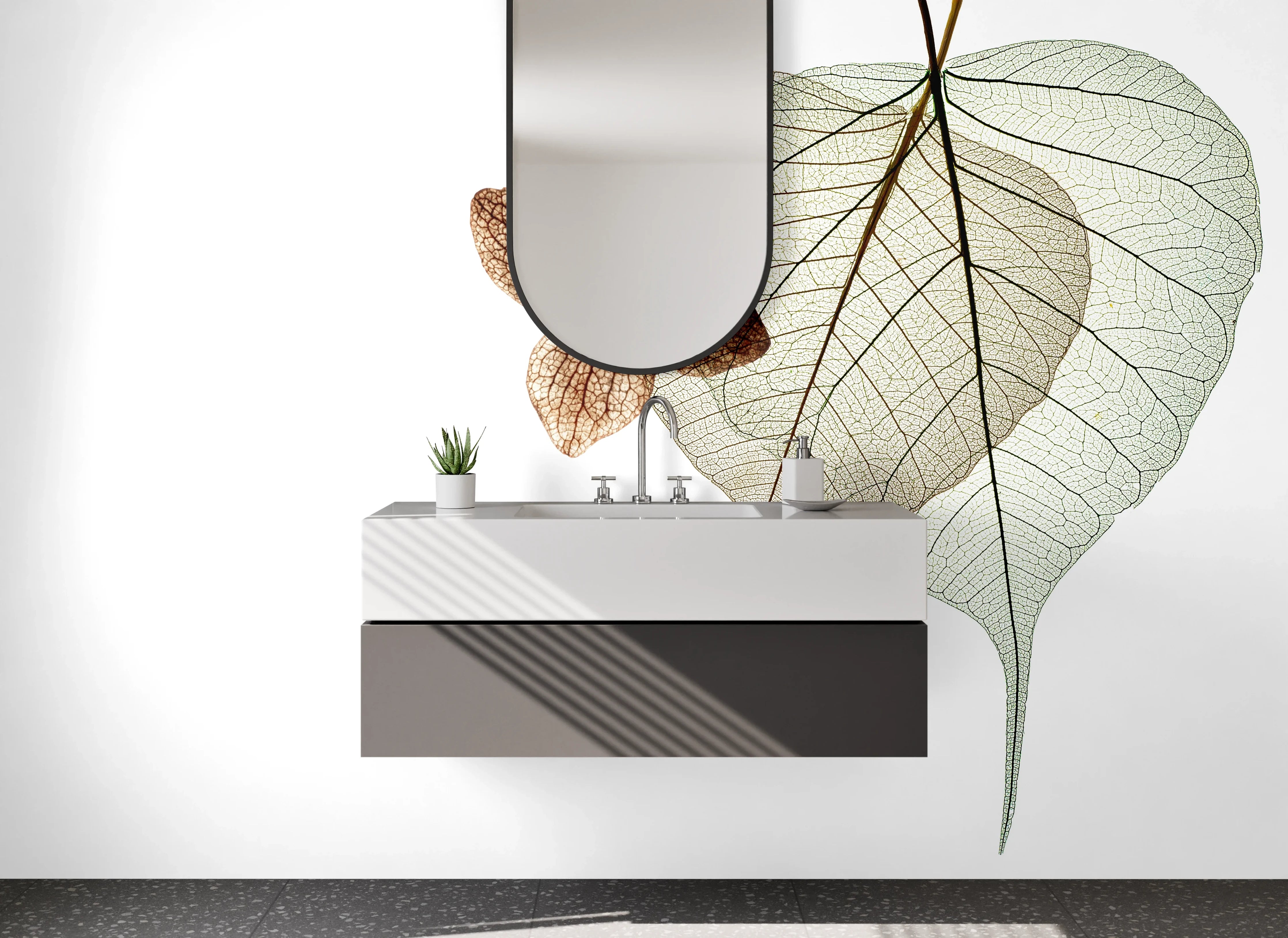 Waschbecken-Rückwand - Filigrane Blätterkunst mit Weiß und Braun