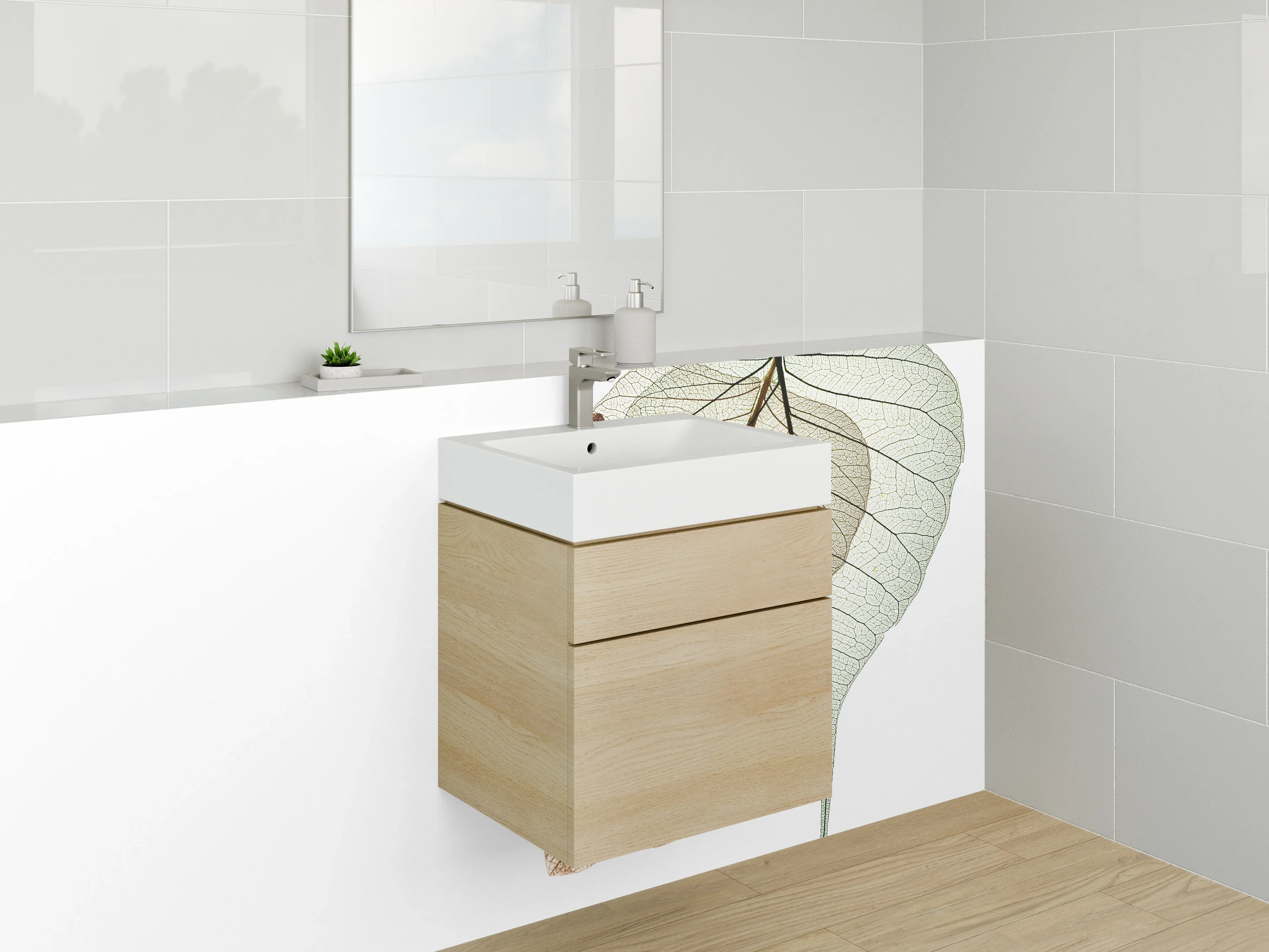 Waschbecken-Rückwand - Filigrane Blätterkunst mit Weiß und Braun