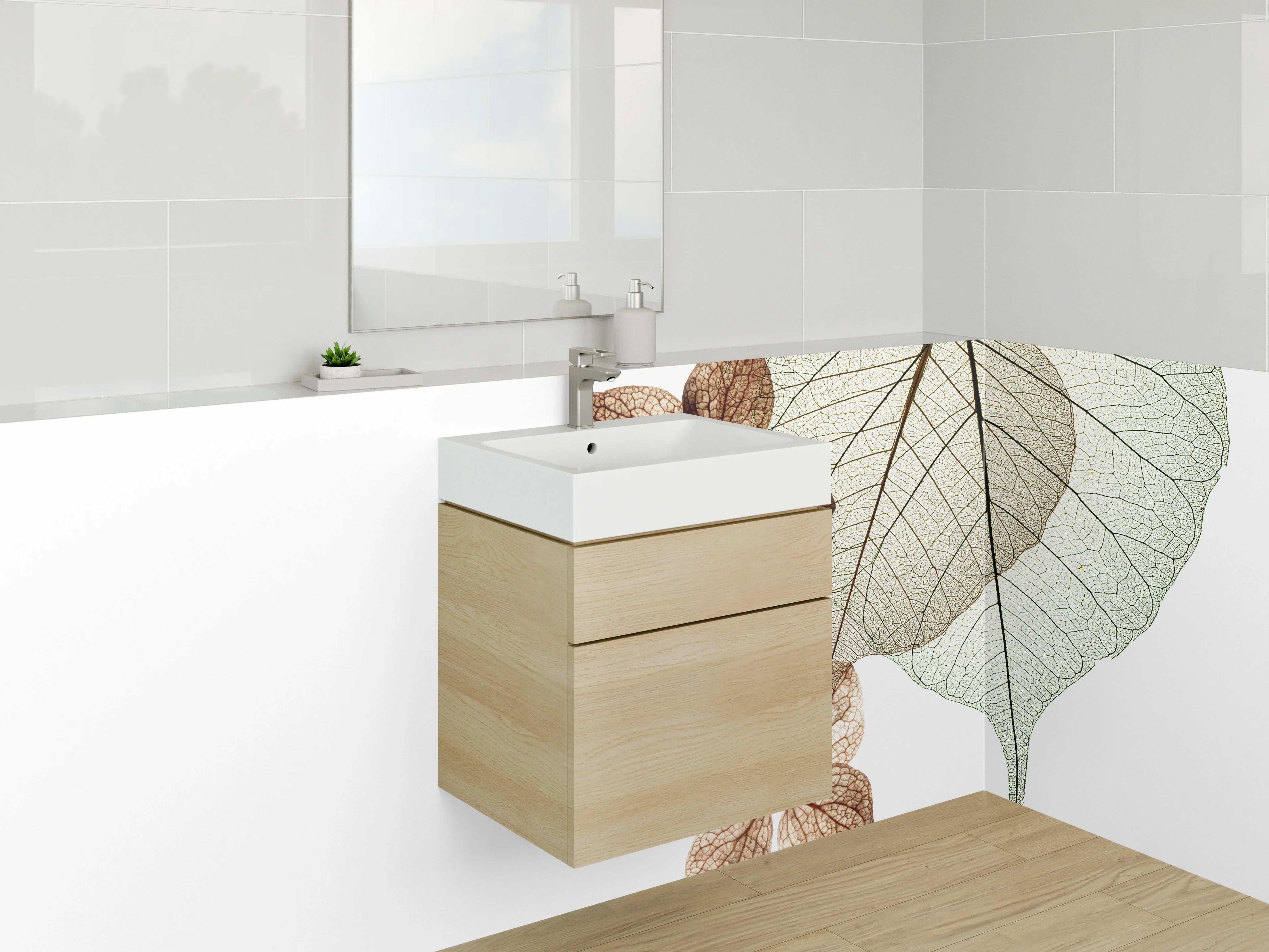 Waschbecken-Rückwand - Filigrane Blätterkunst mit Weiß und Braun