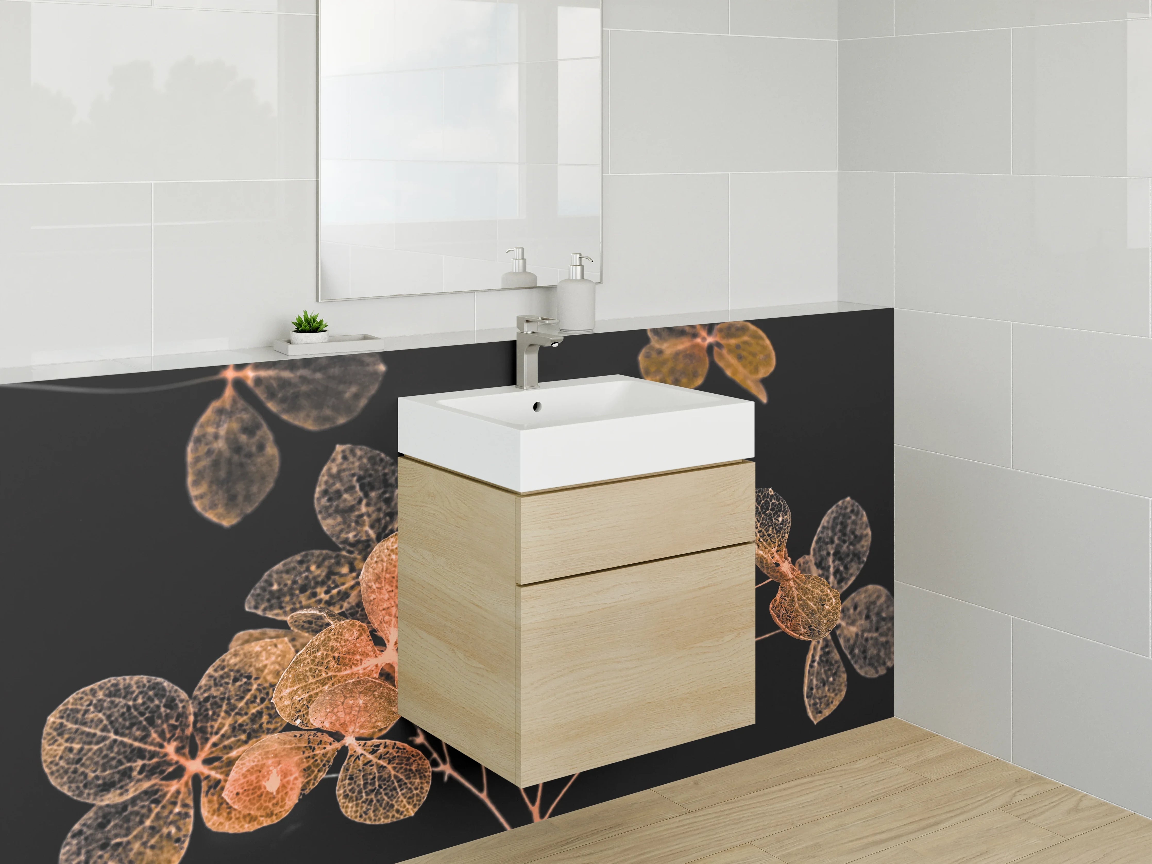 Waschbecken-Rückwand - Filigrane Blüten in Orange auf Schwarz