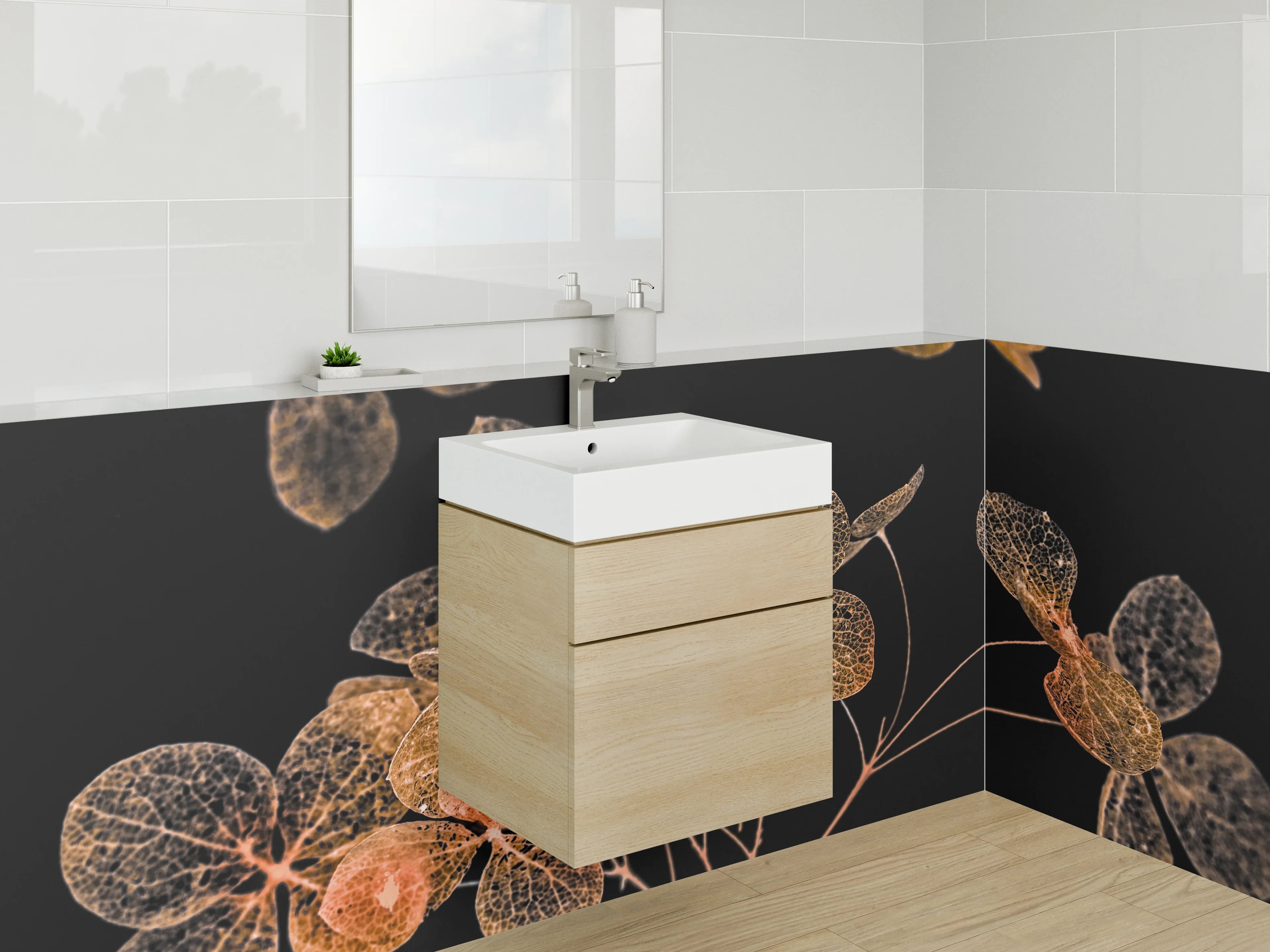 Waschbecken-Rückwand - Filigrane Blüten in Orange auf Schwarz