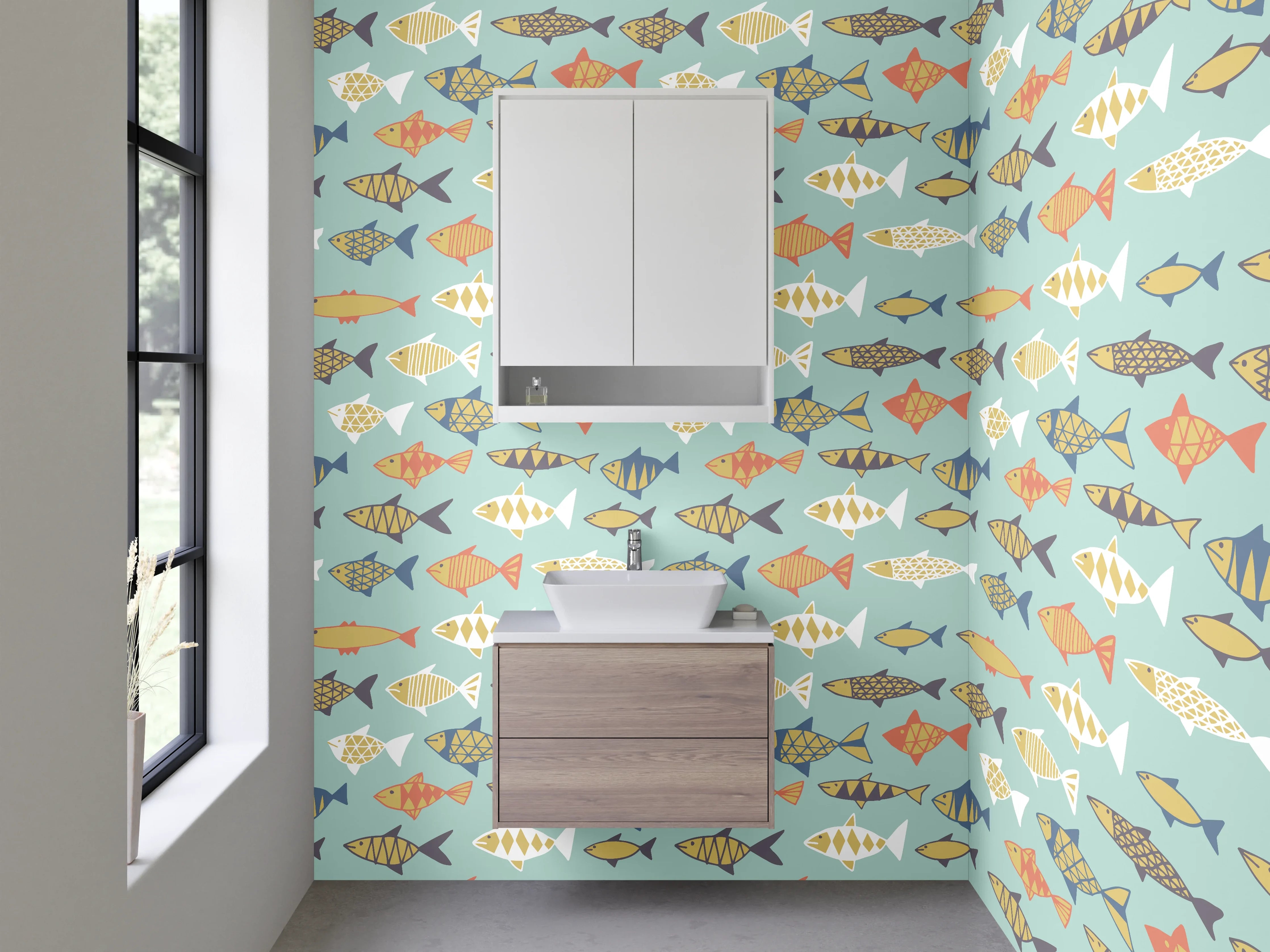 Waschbecken-Rückwand - Fische Muster Skandinavisch Pastell