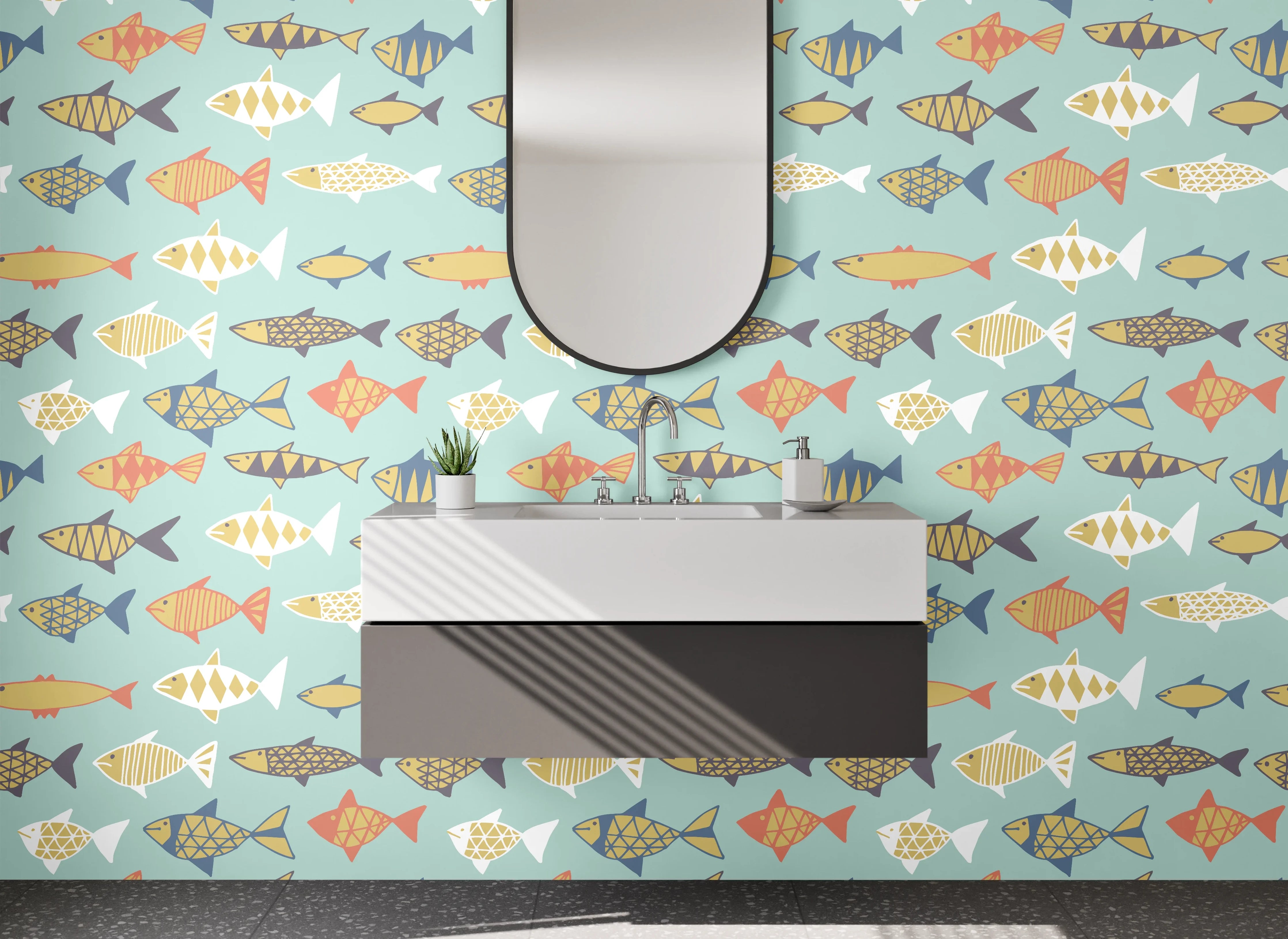 Waschbecken-Rückwand - Fische Muster Skandinavisch Pastell