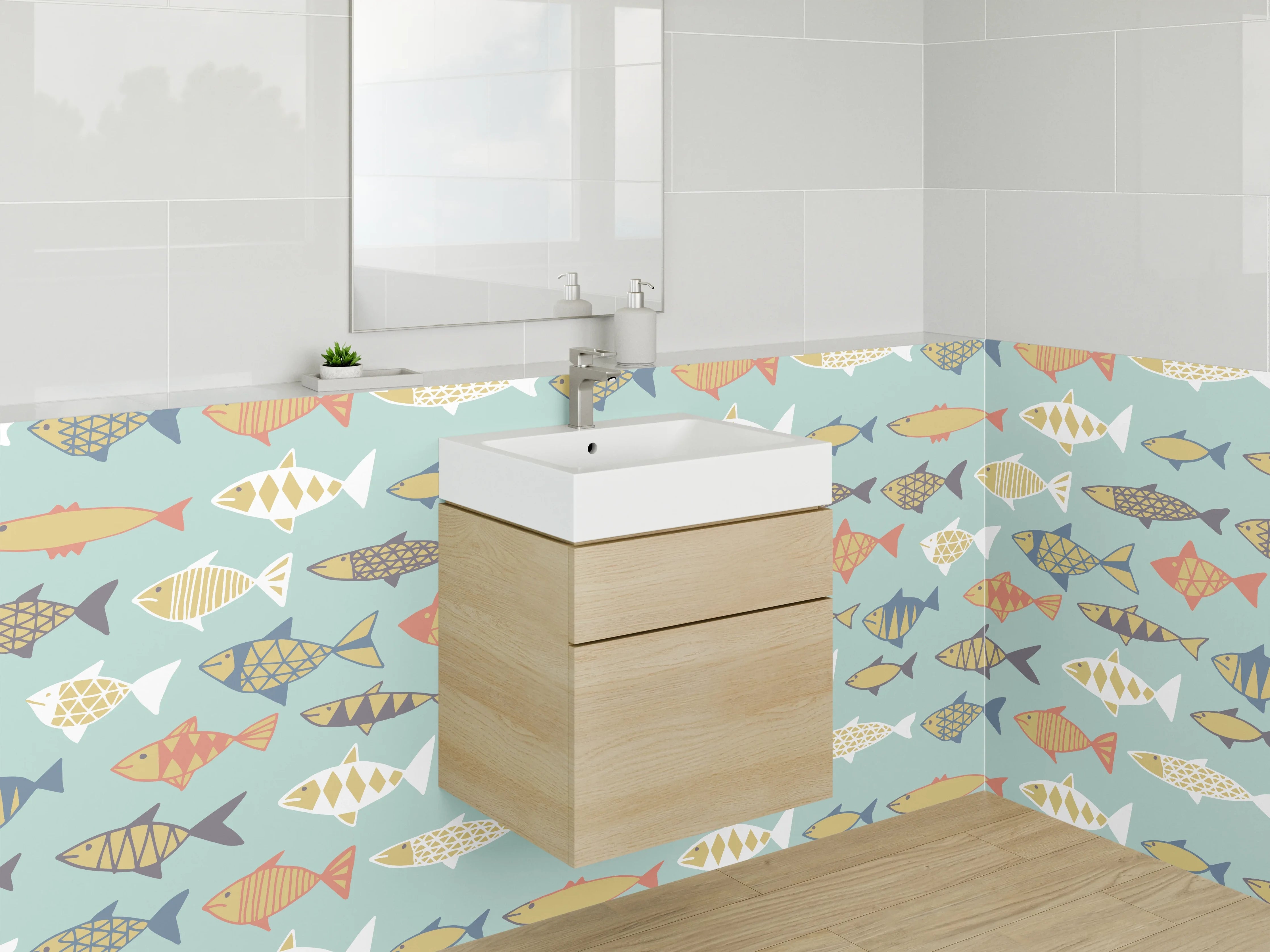 Waschbecken-Rückwand - Fische Muster Skandinavisch Pastell