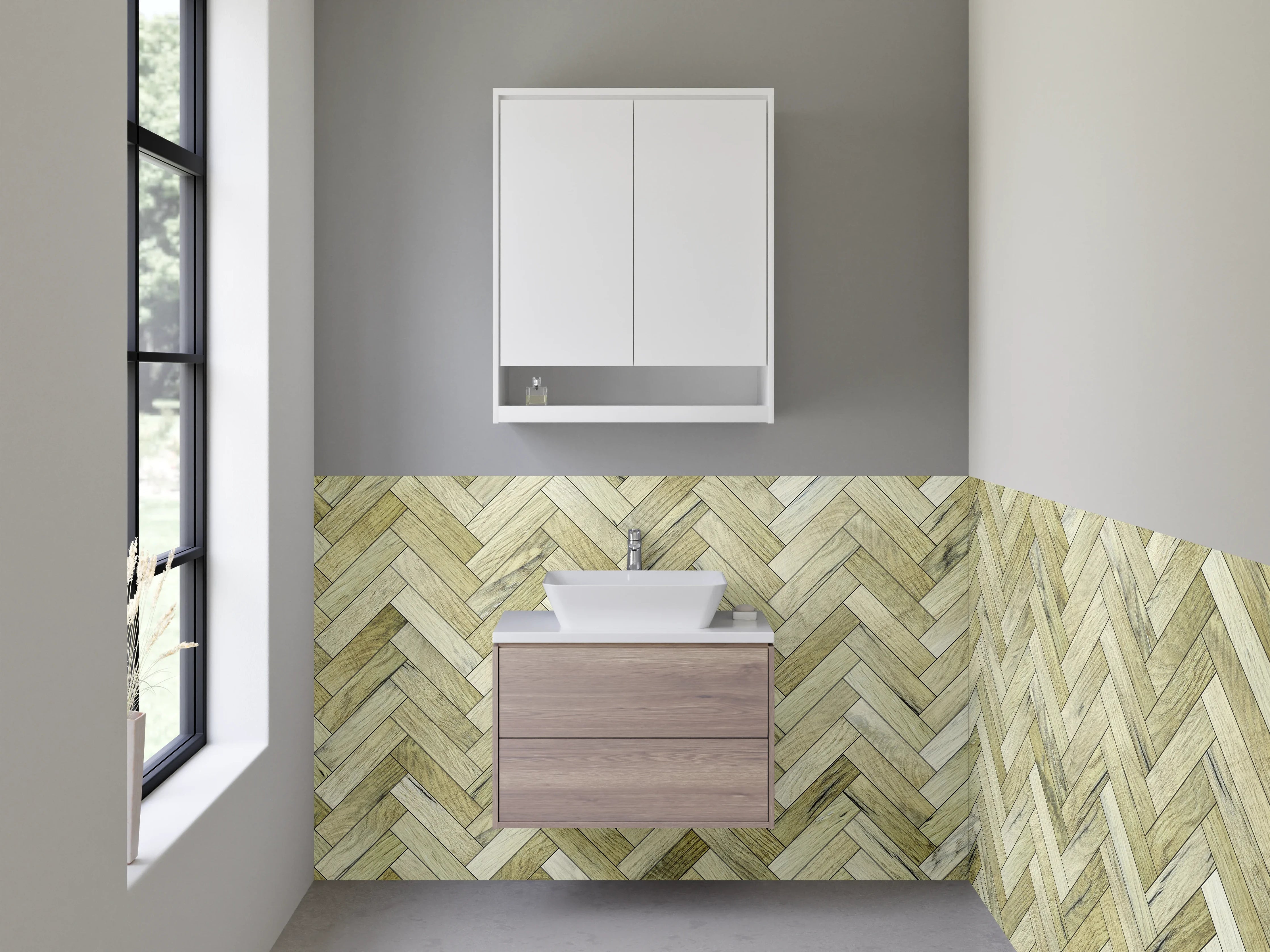 Waschbecken-Rückwand - Fischgrät-Muster Holzoptik Beige Braun