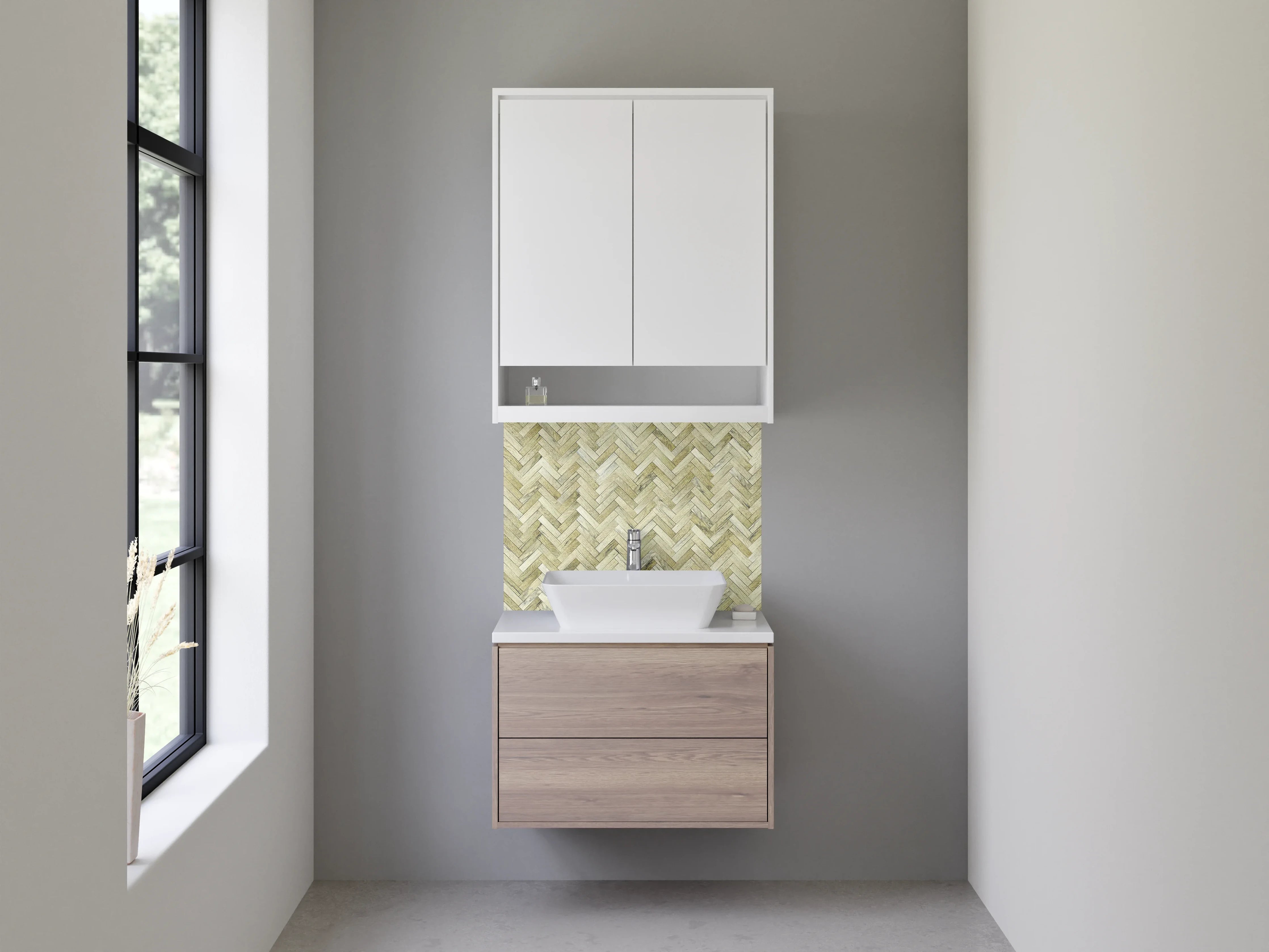 Waschbecken-Rückwand - Fischgrät-Muster Holzoptik Beige Braun