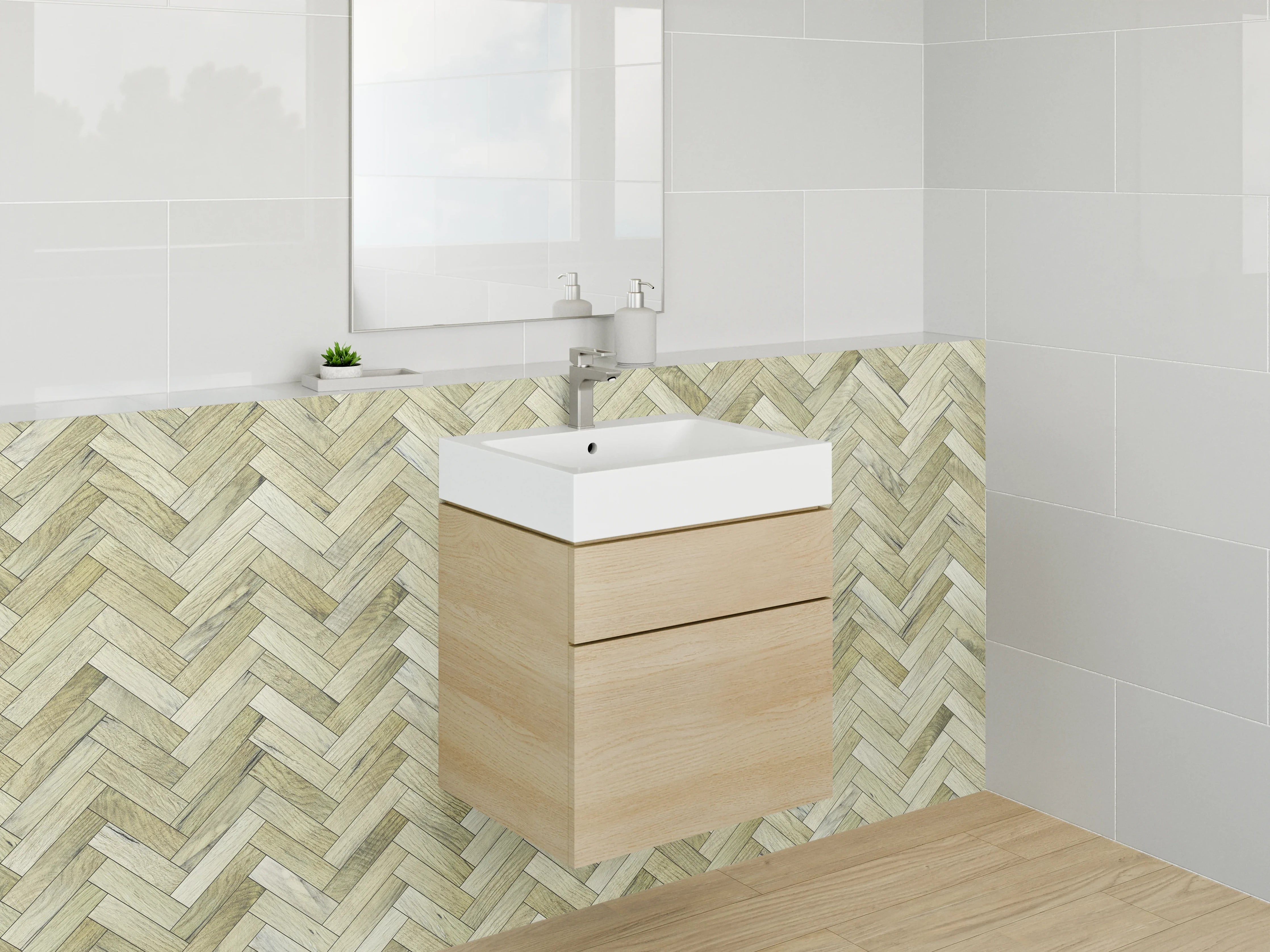 Waschbecken-Rückwand - Fischgrät-Muster Holzoptik Beige Braun