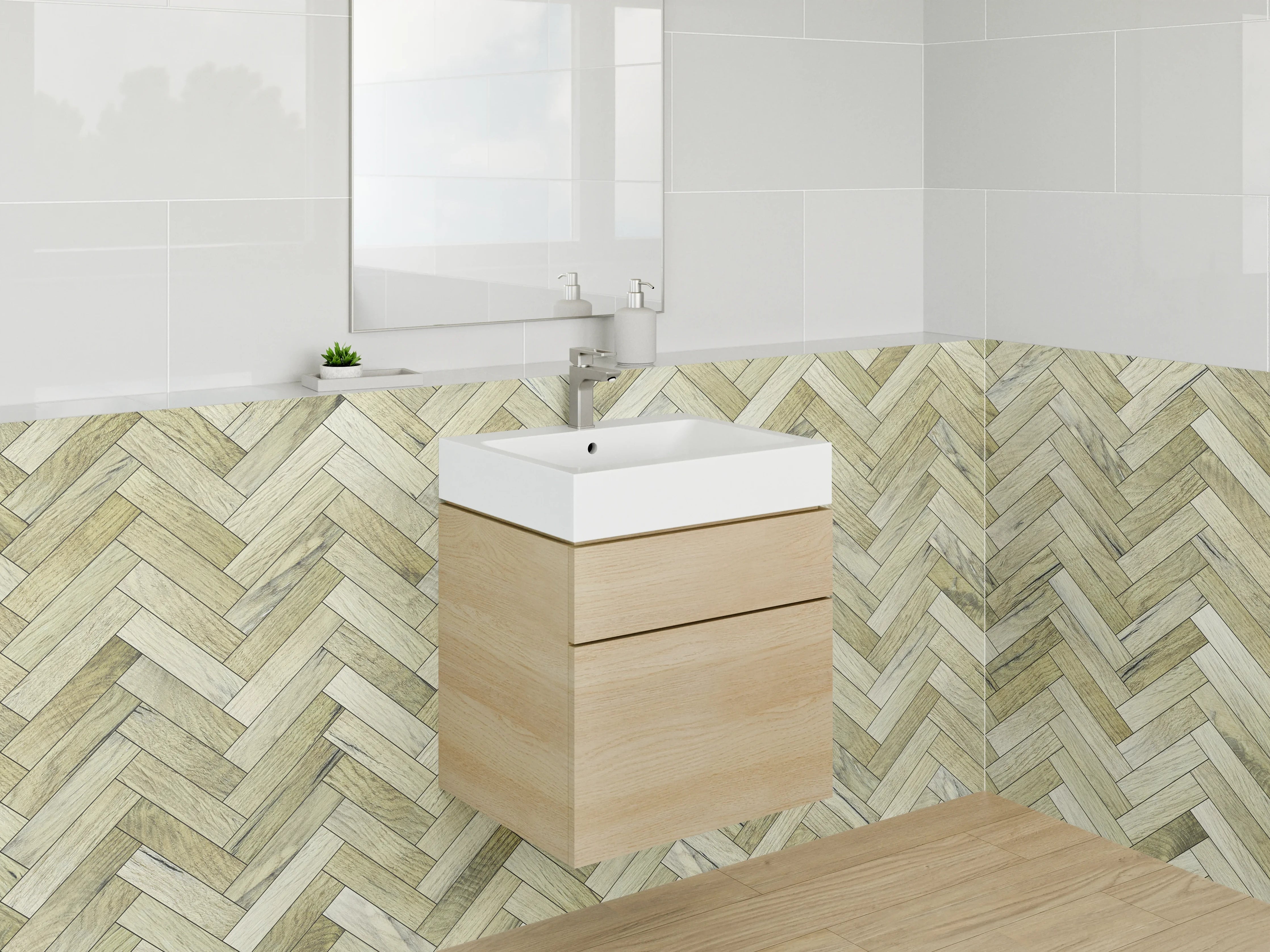 Waschbecken-Rückwand - Fischgrät-Muster Holzoptik Beige Braun