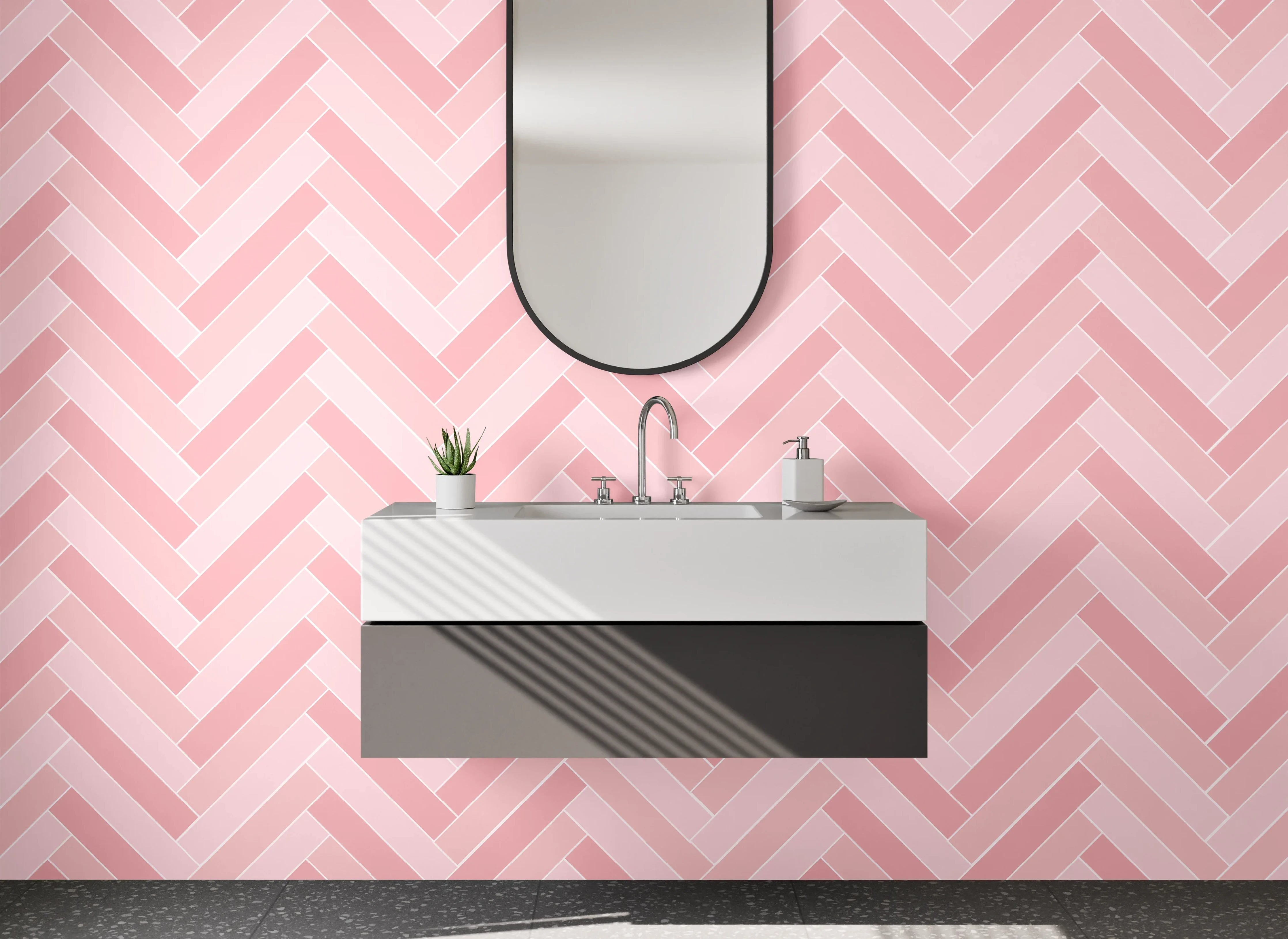 Waschbecken-Rückwand - Fischgrät Muster Rosa Fliesen Design