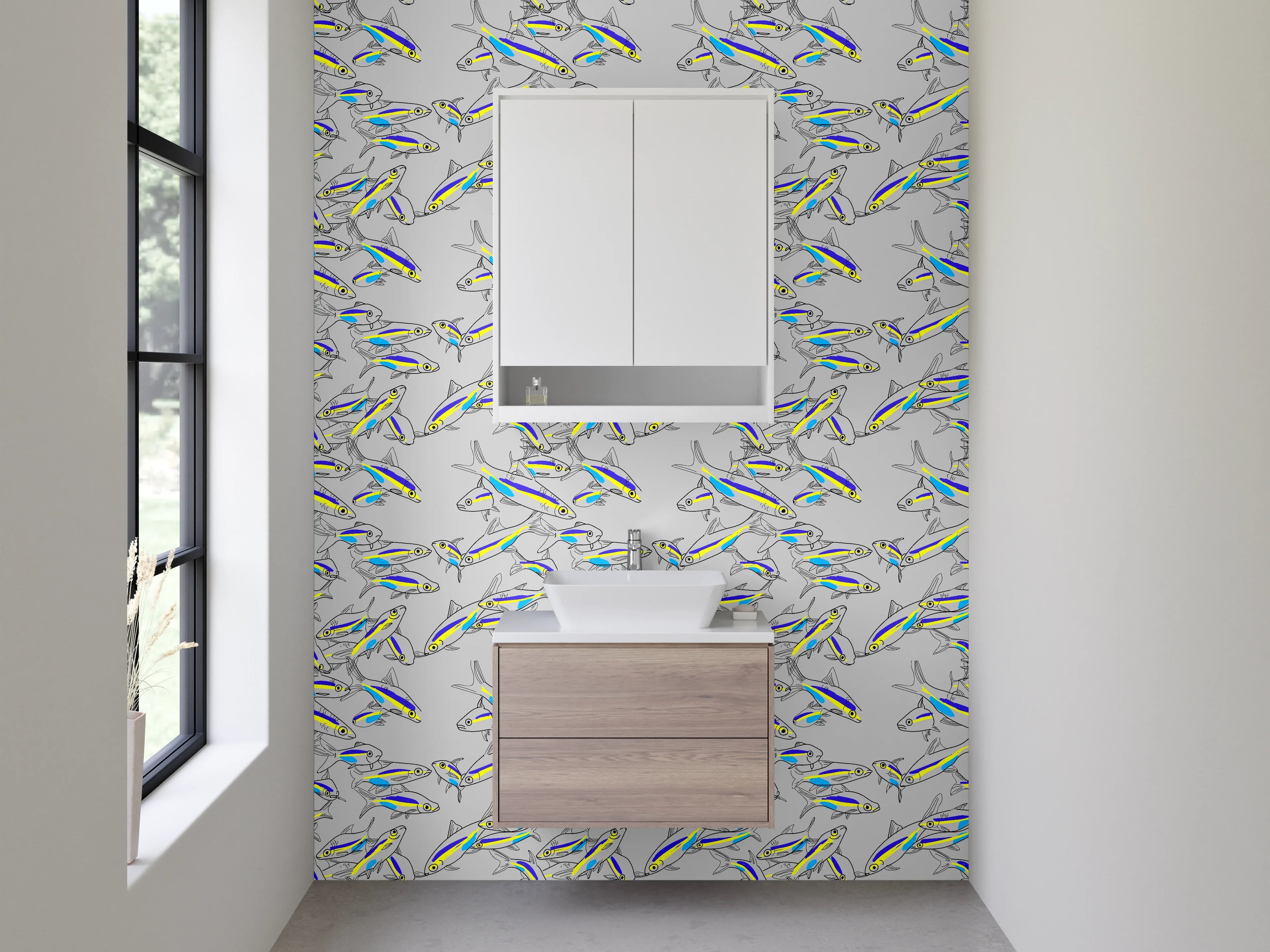 Waschbecken-Rückwand - Fischmuster Illustration auf Weiß-Grau