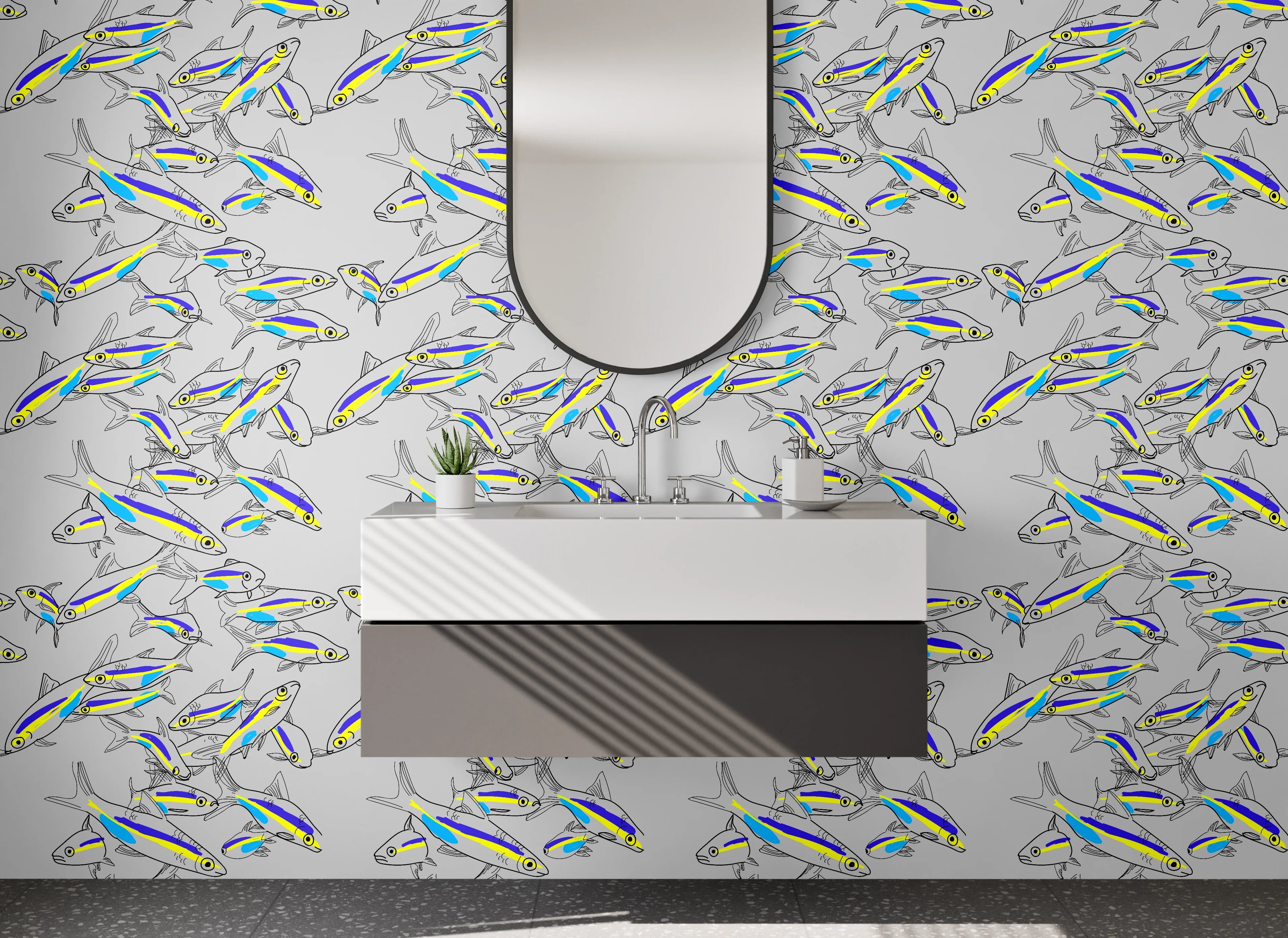 Waschbecken-Rückwand - Fischmuster Illustration auf Weiß-Grau