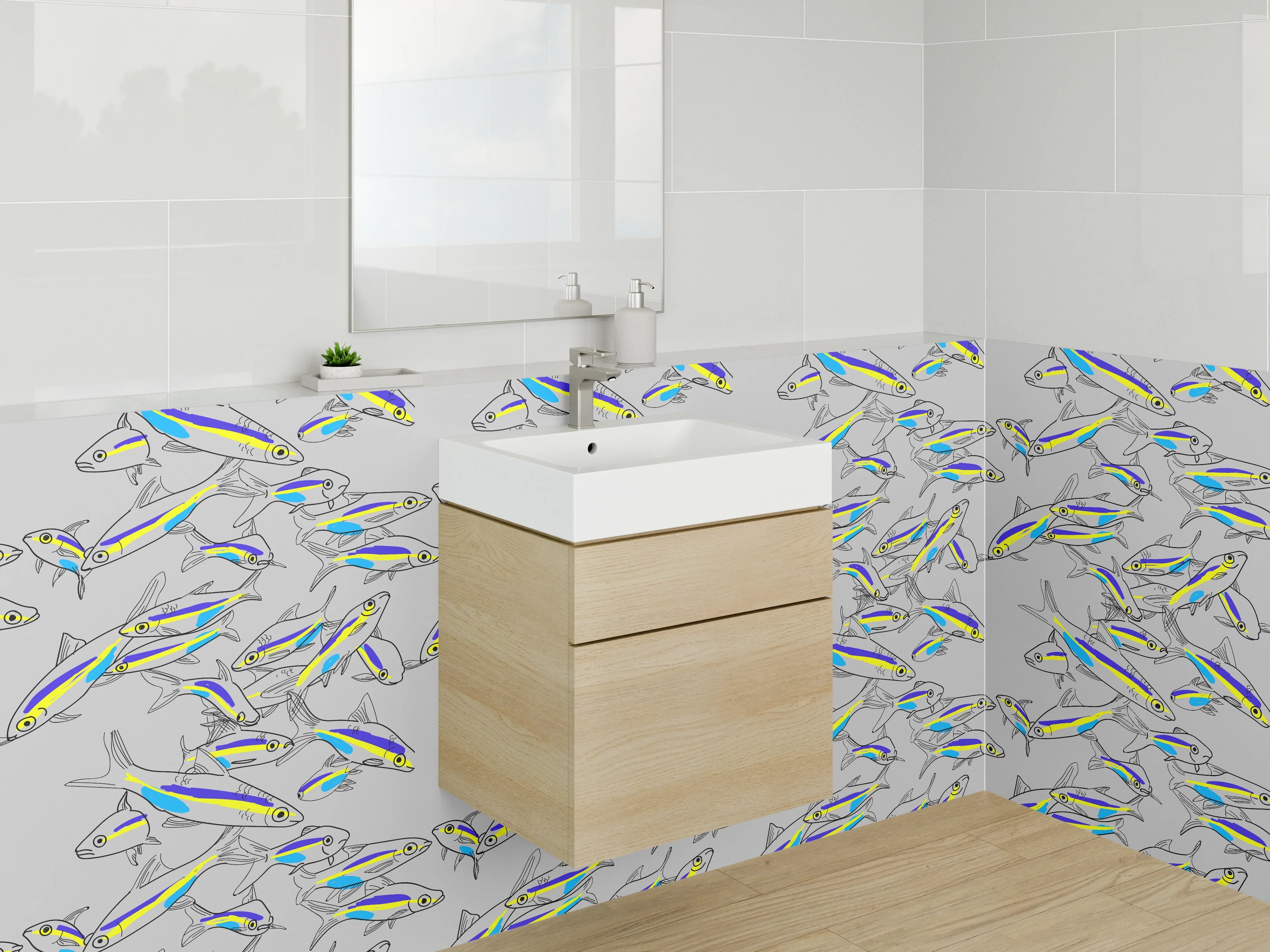 Waschbecken-Rückwand - Fischmuster Illustration auf Weiß-Grau