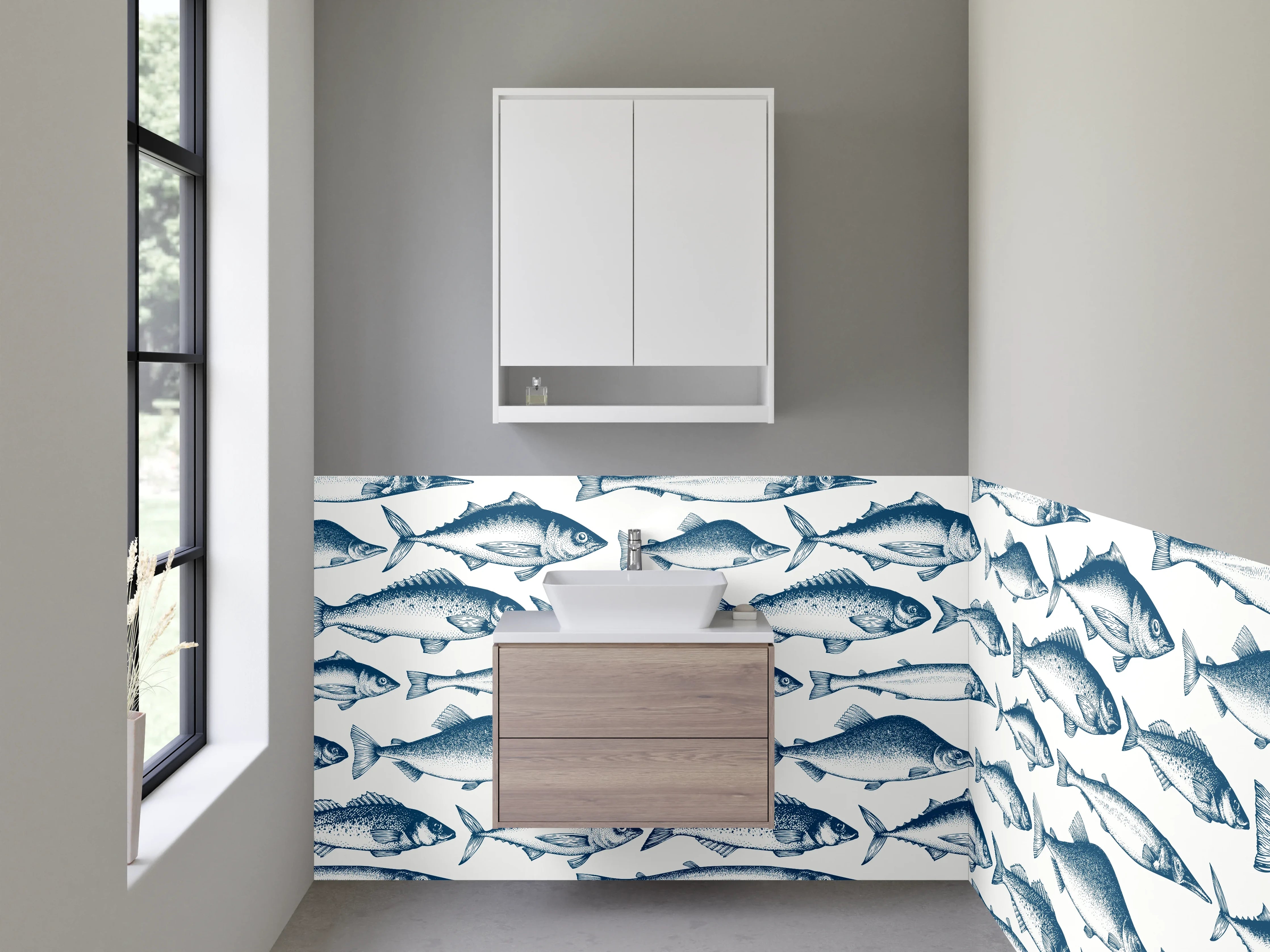 Waschbecken-Rückwand - Fischmuster Maritim Blau Weiß