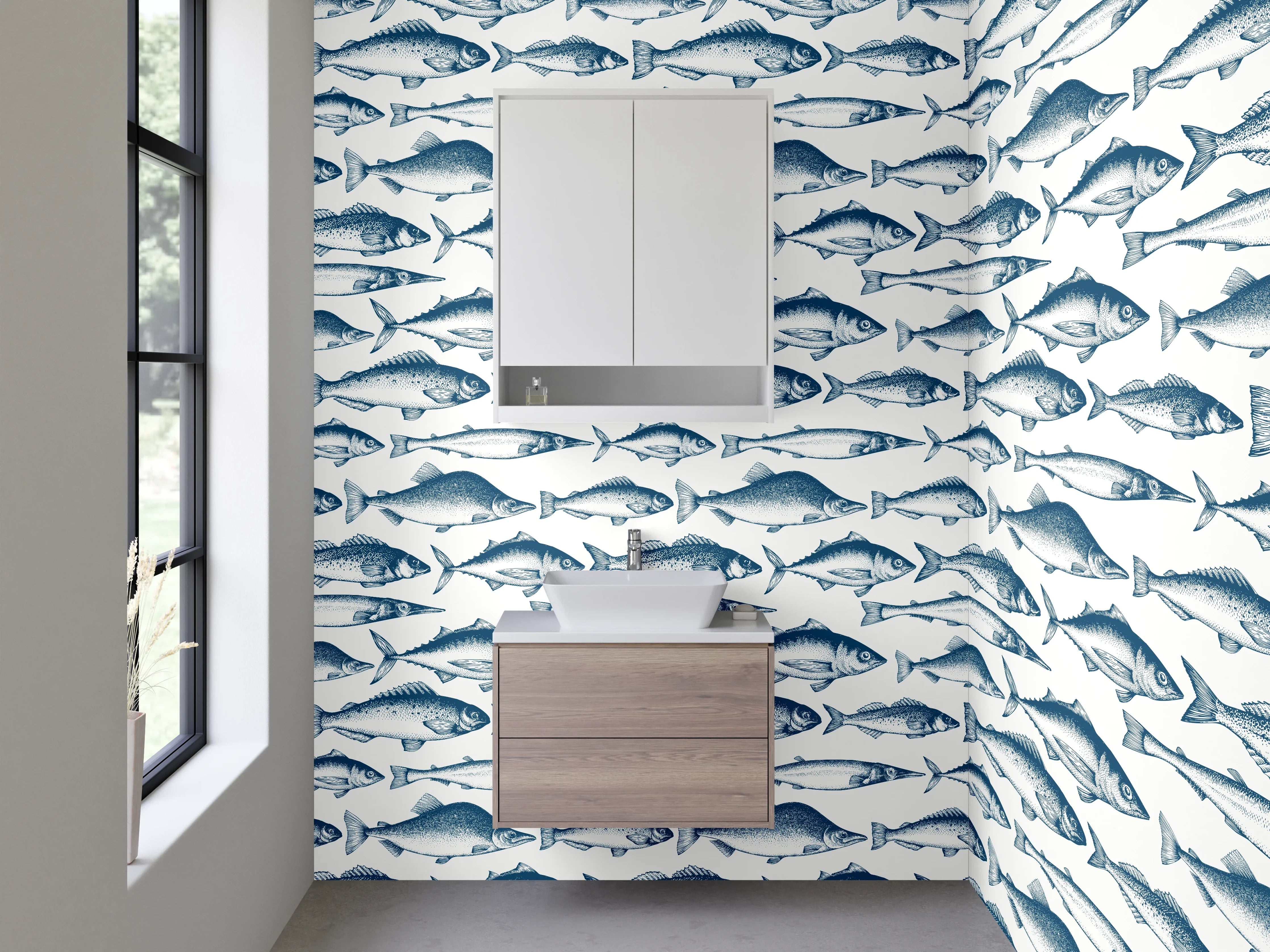 Waschbecken-Rückwand - Fischmuster Maritim Blau Weiß