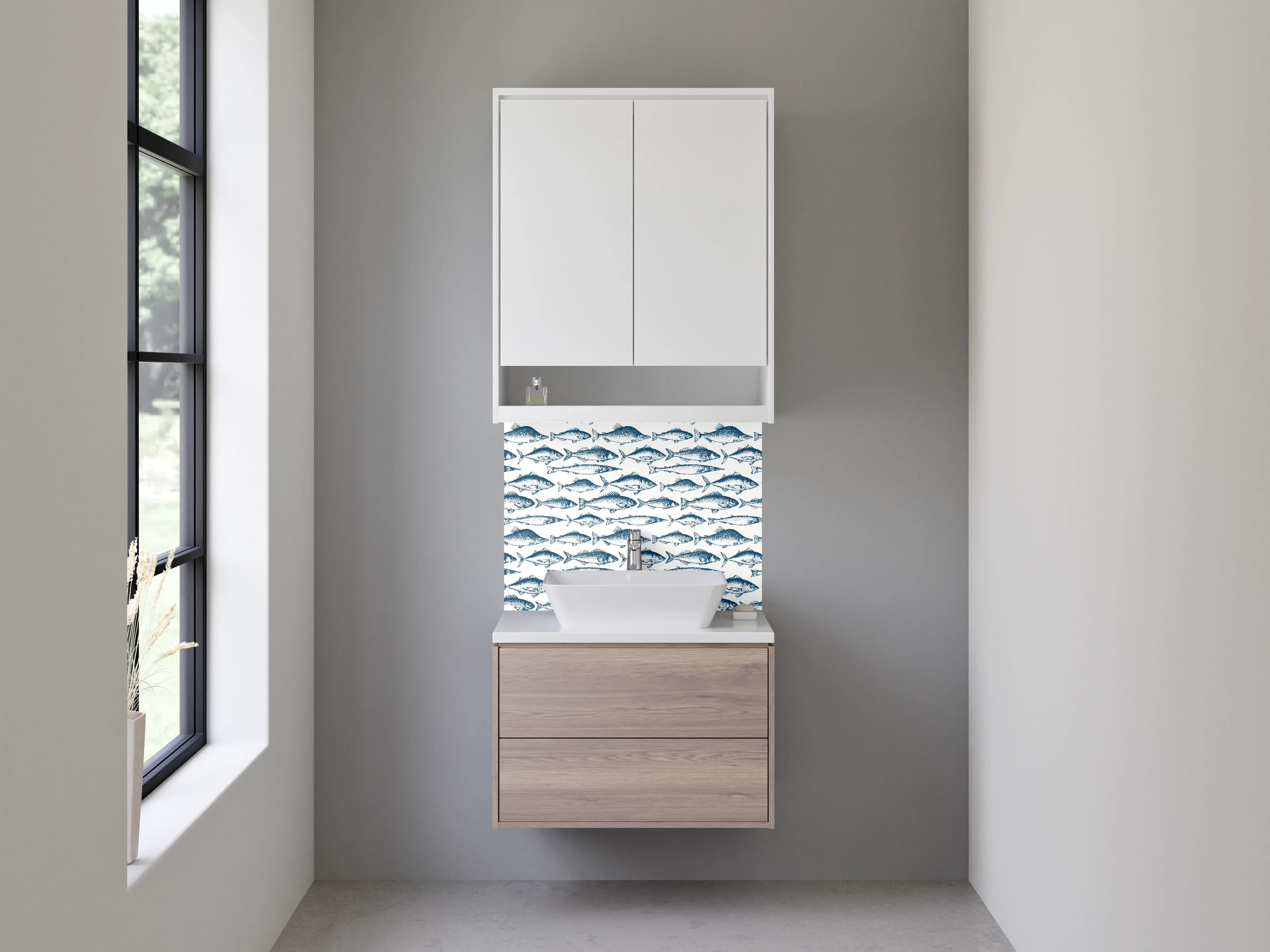 Waschbecken-Rückwand - Fischmuster Maritim Blau Weiß