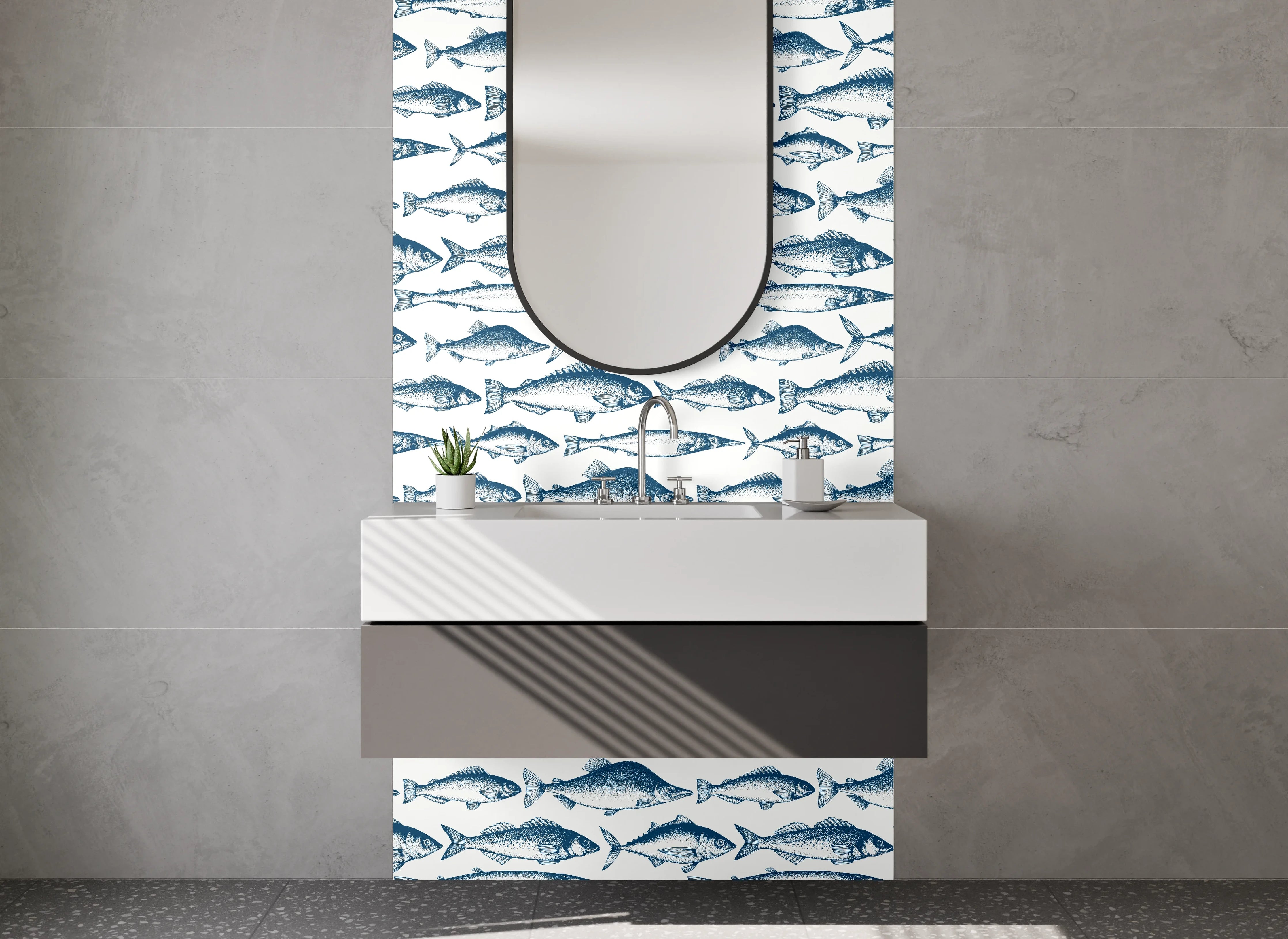 Waschbecken-Rückwand - Fischmuster Maritim Blau Weiß