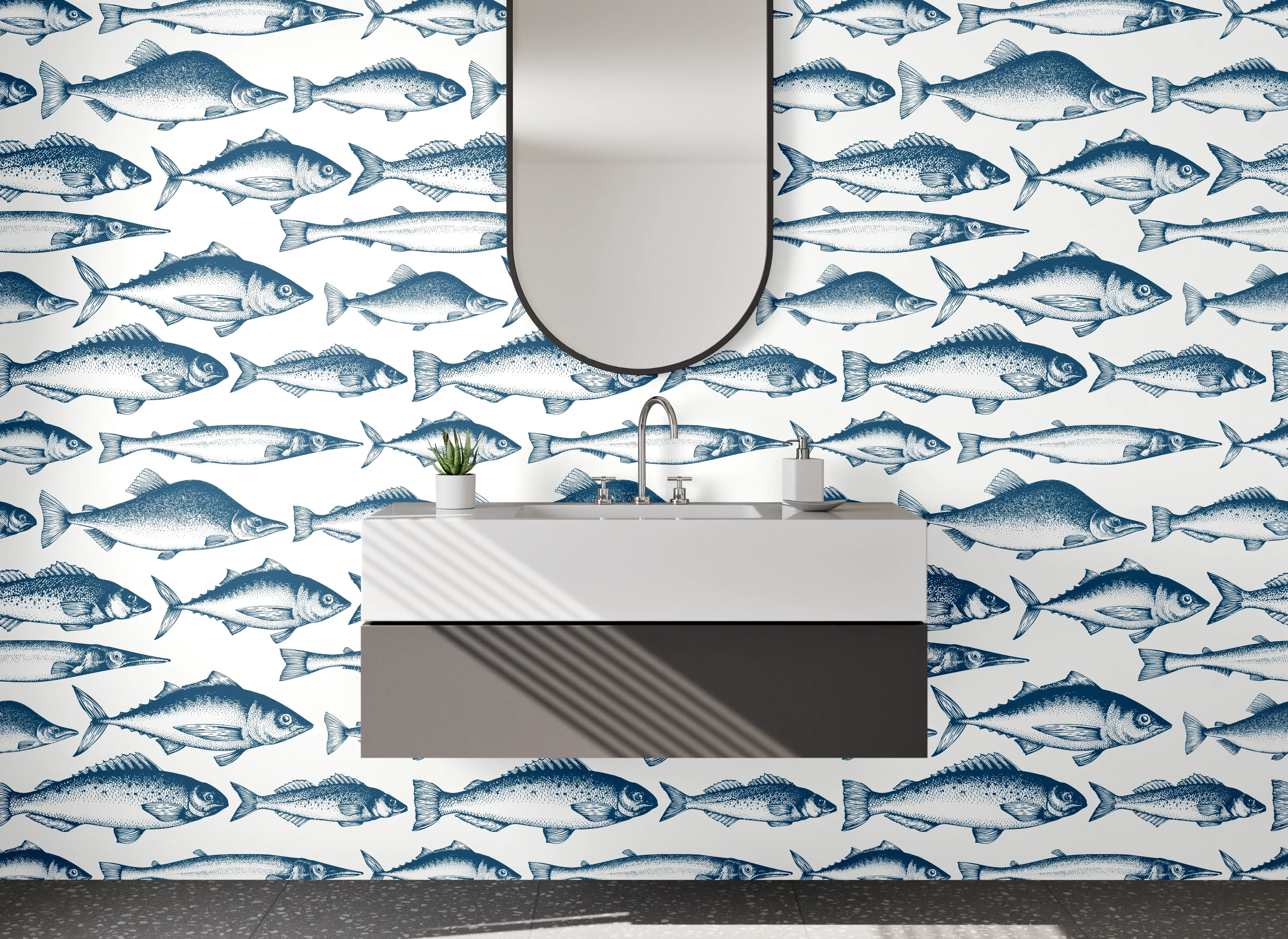 Waschbecken-Rückwand - Fischmuster Maritim Blau Weiß