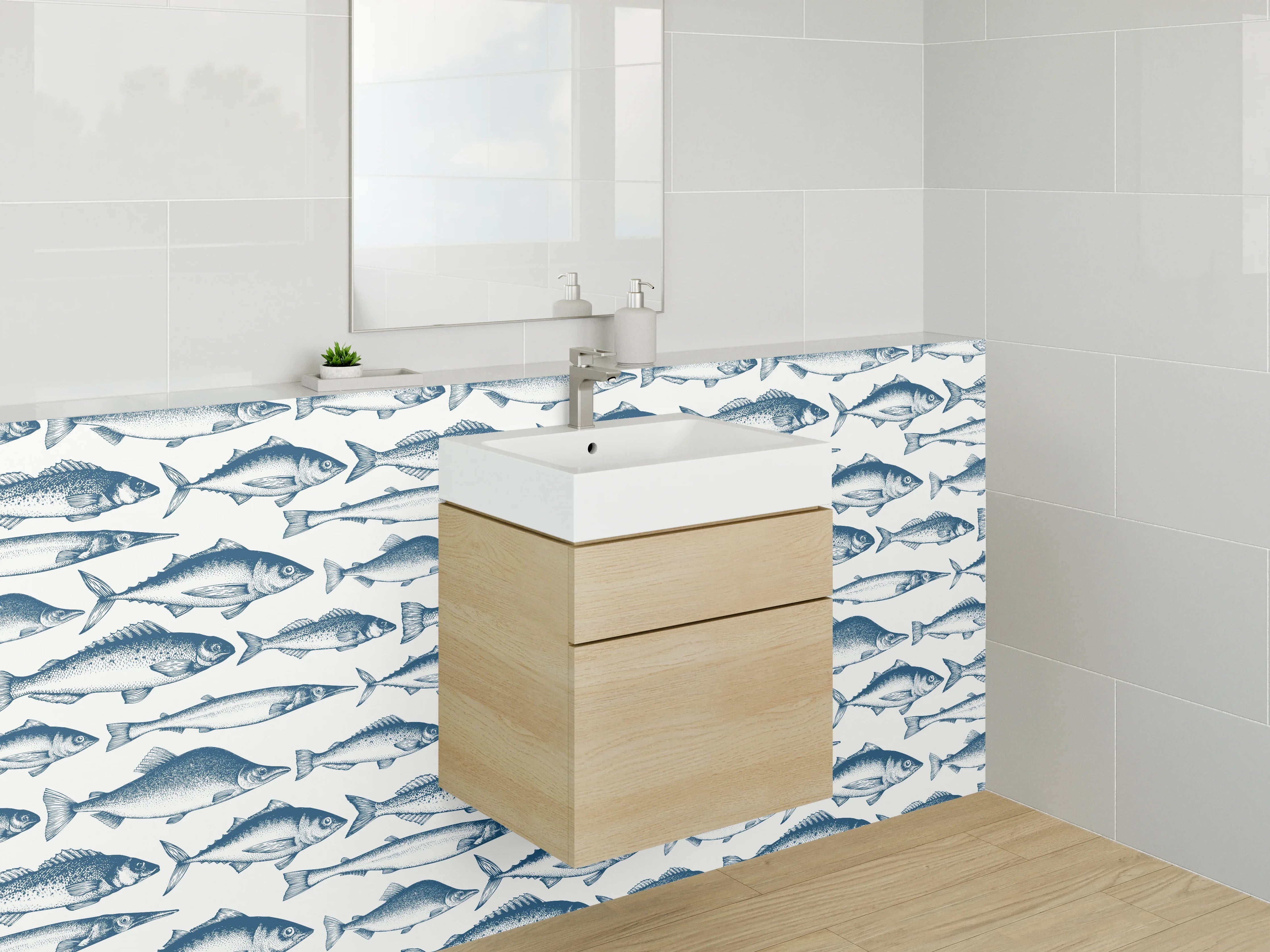 Waschbecken-Rückwand - Fischmuster Maritim Blau Weiß