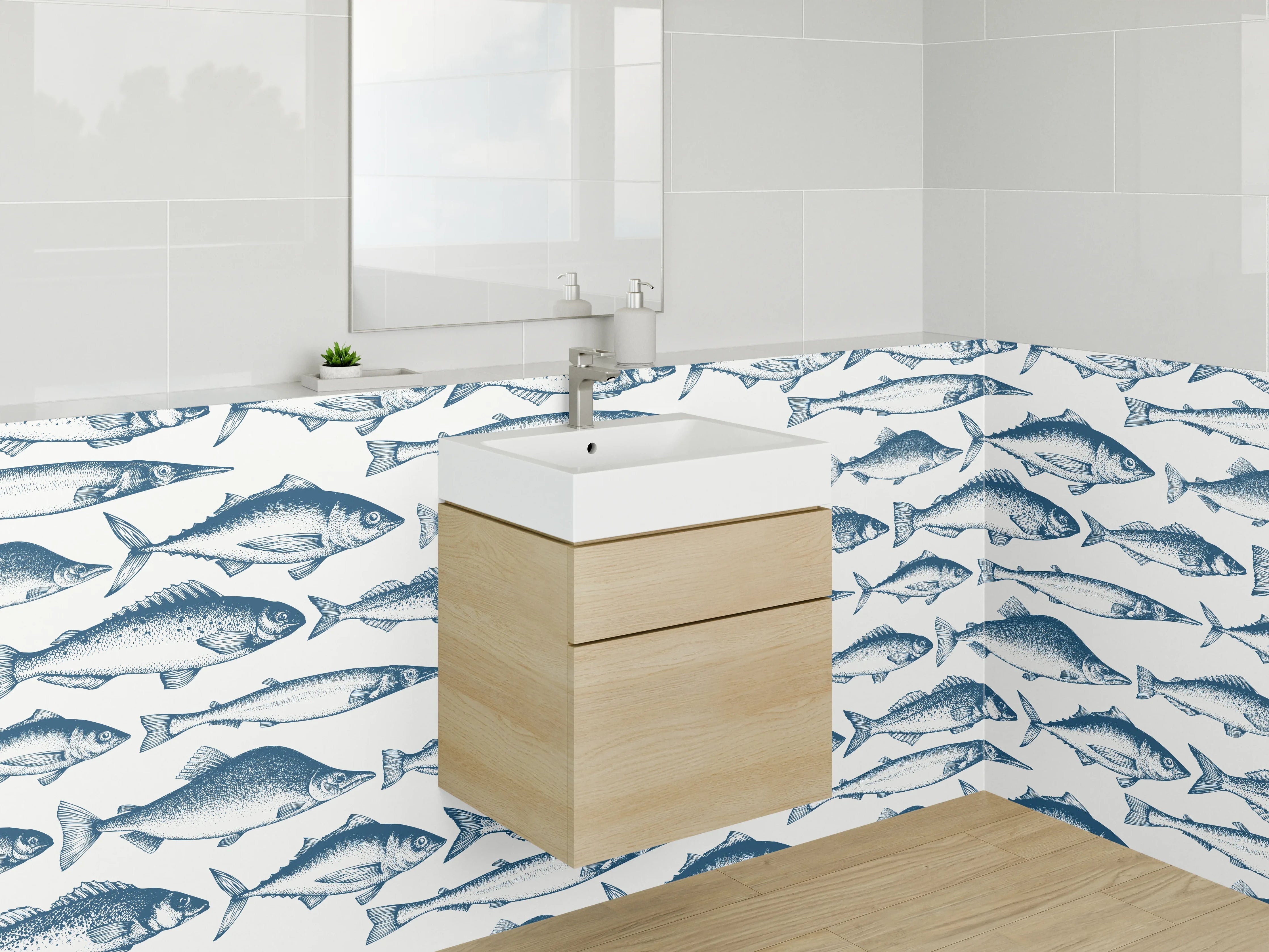 Waschbecken-Rückwand - Fischmuster Maritim Blau Weiß