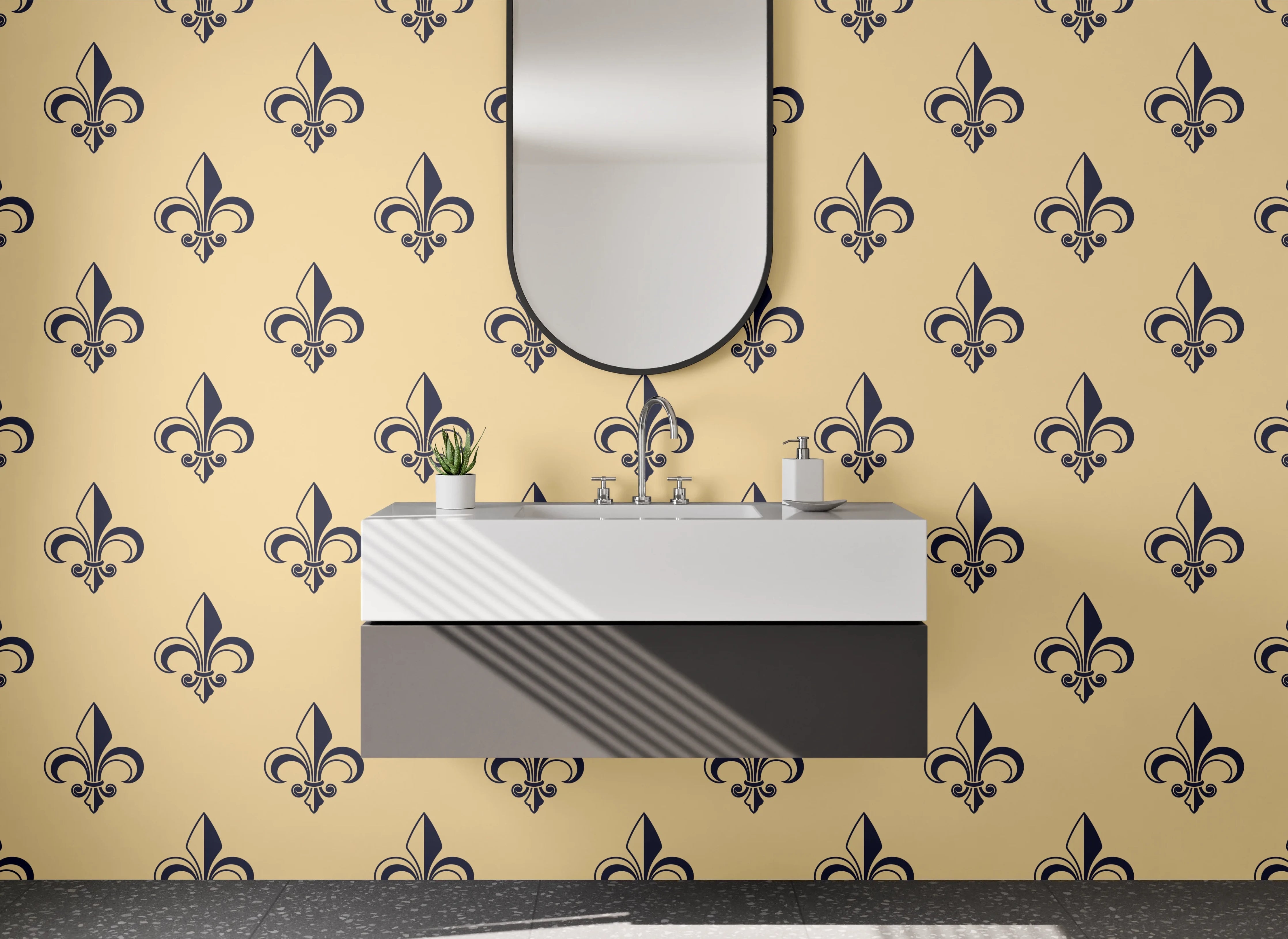 Waschbecken-Rückwand - Fleur-de-Lis Design Grau Weiß Schwarz