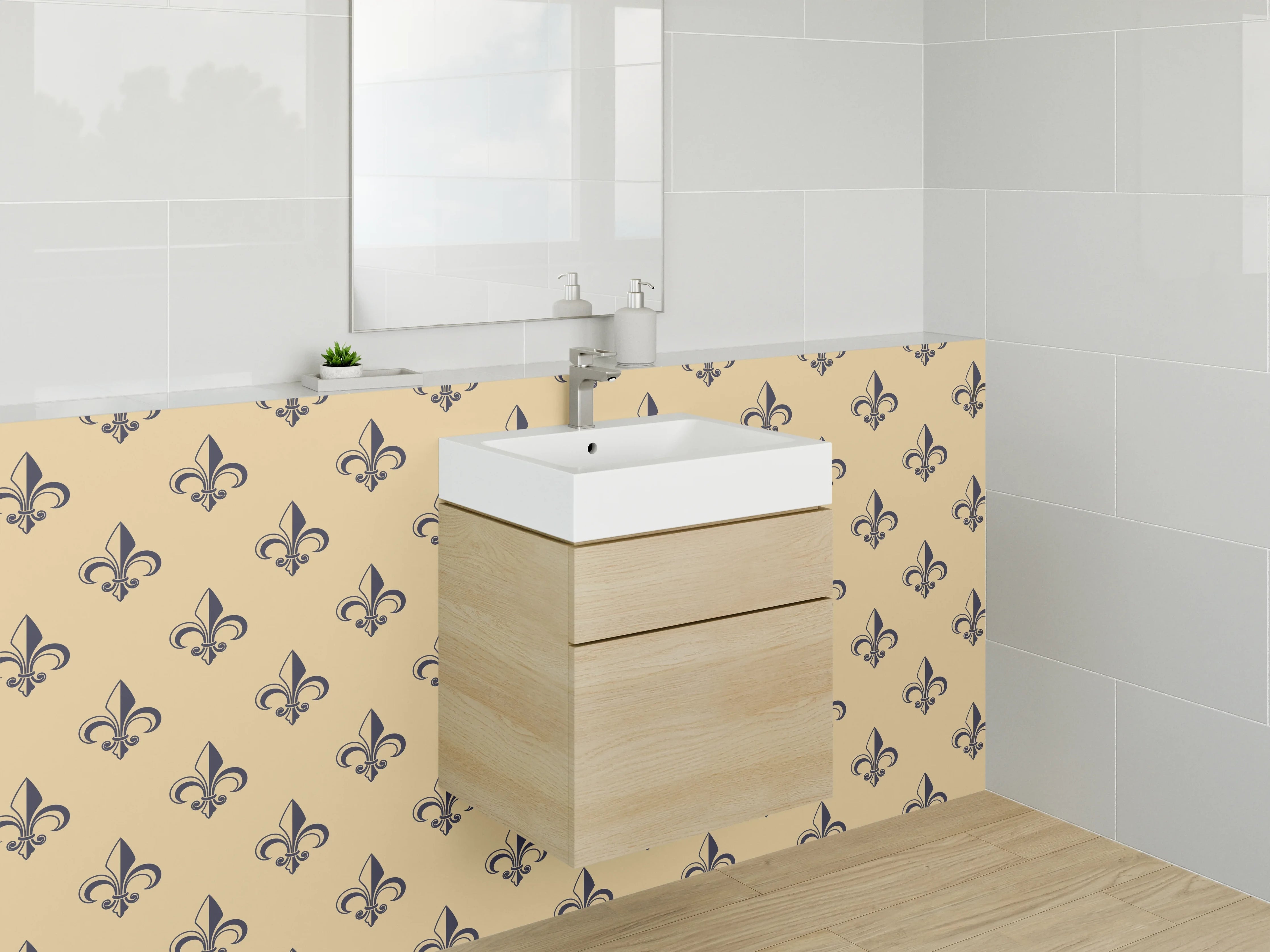 Waschbecken-Rückwand - Fleur-de-Lis Design Grau Weiß Schwarz