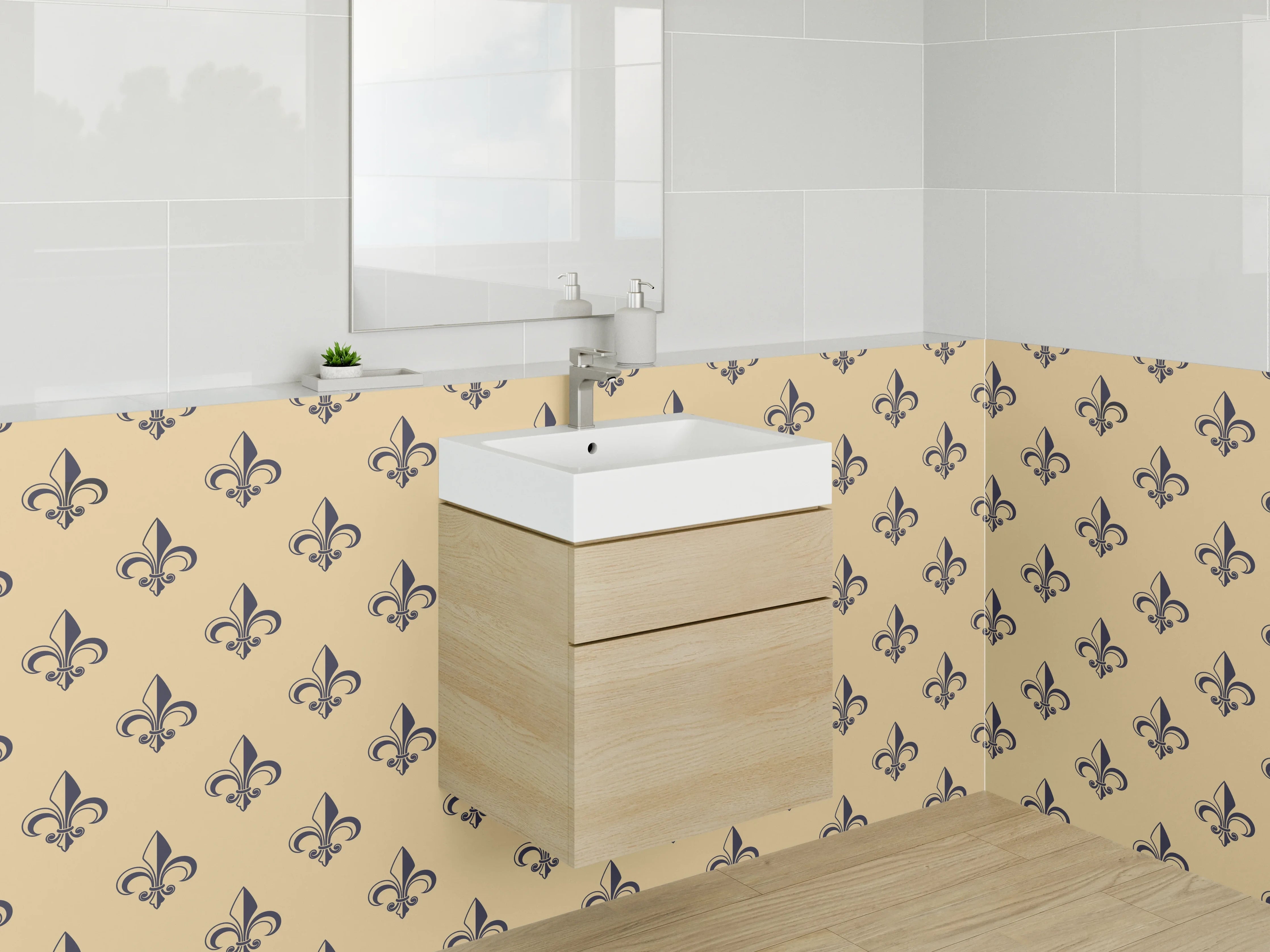 Waschbecken-Rückwand - Fleur-de-Lis Design Grau Weiß Schwarz