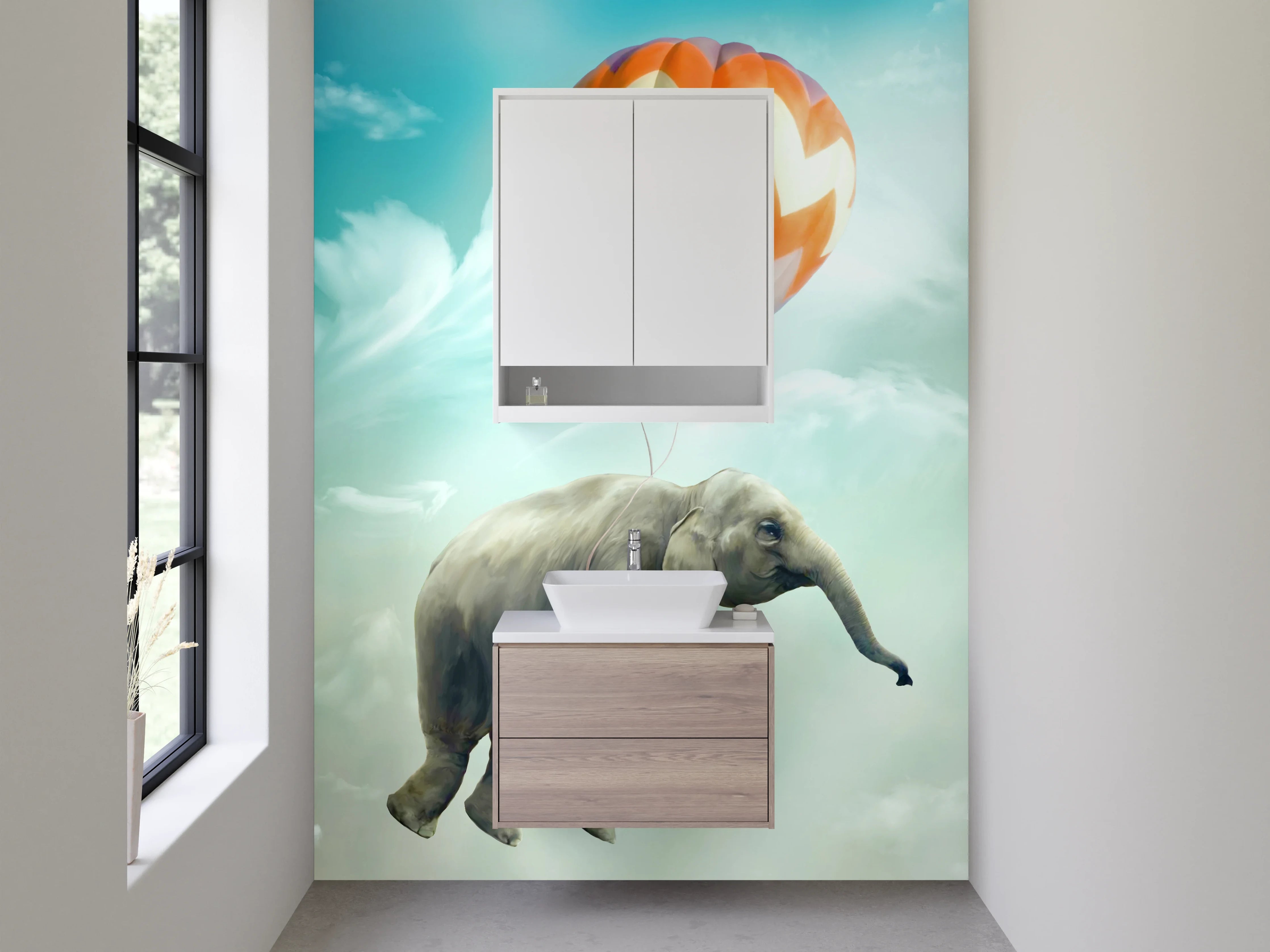Waschbecken-Rückwand - Fliegender Elefant mit Heißluftballon